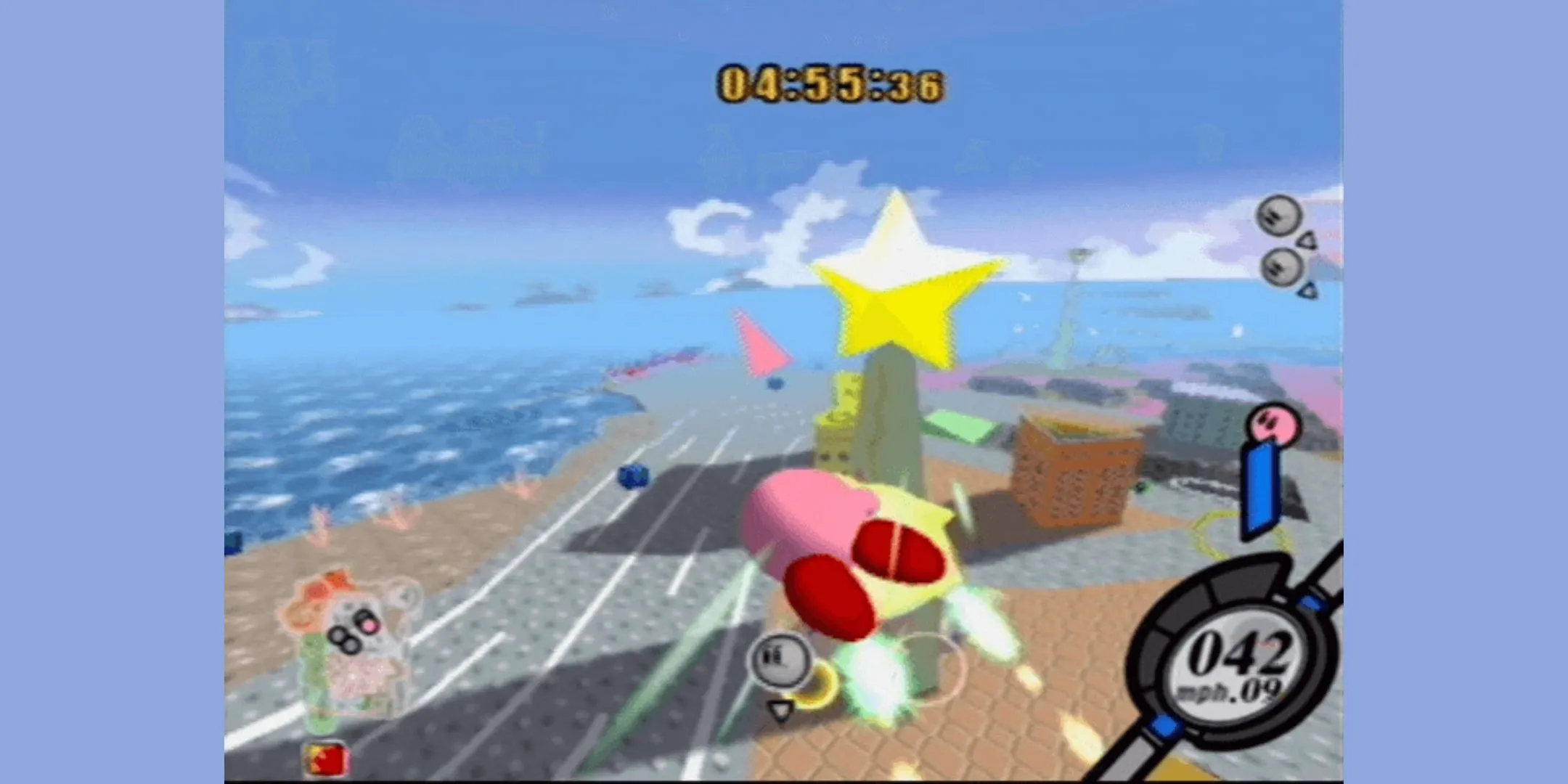 Kirby Air Ride jumping through the sky. Kirby Air Ride jumping through the sky.