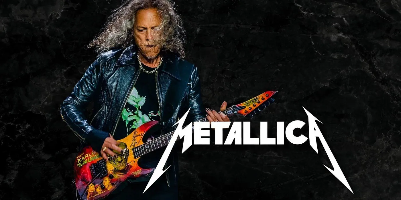Guitarist Kirk Hammett alongside the Metallica band logo