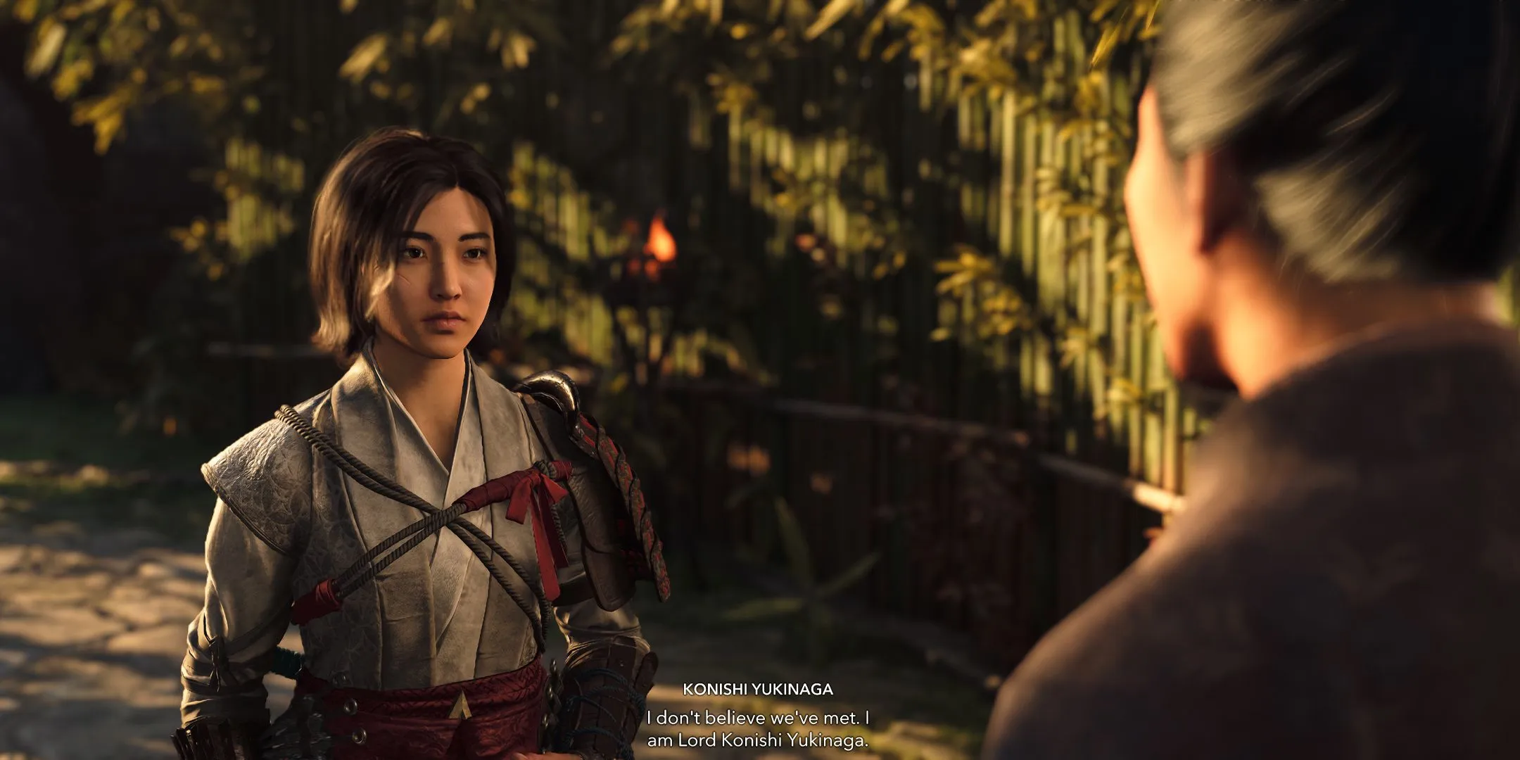Konishi Yukinaga speaking to Naoe in Assassin's Creed Shadows