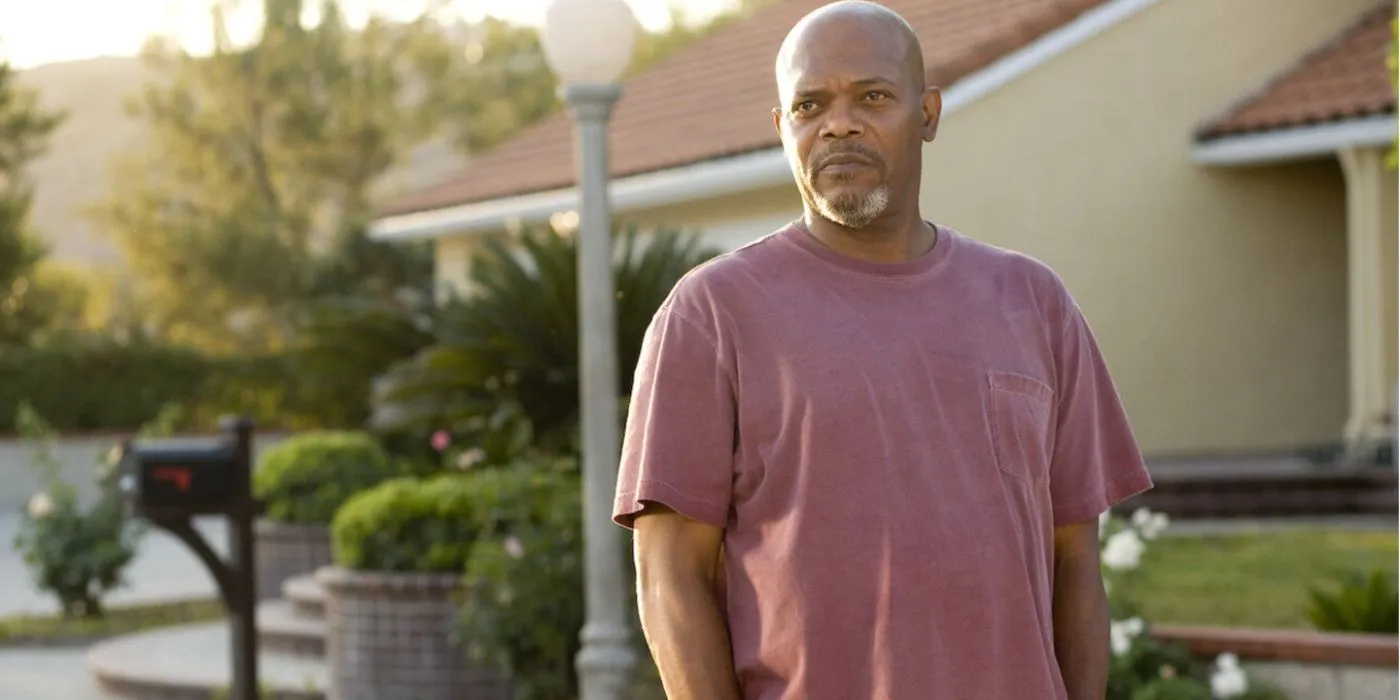 Lakeview Terrace Samuel L. Jackson in red shirt Lakeview Terrace Samuel L. Jackson in red shirt