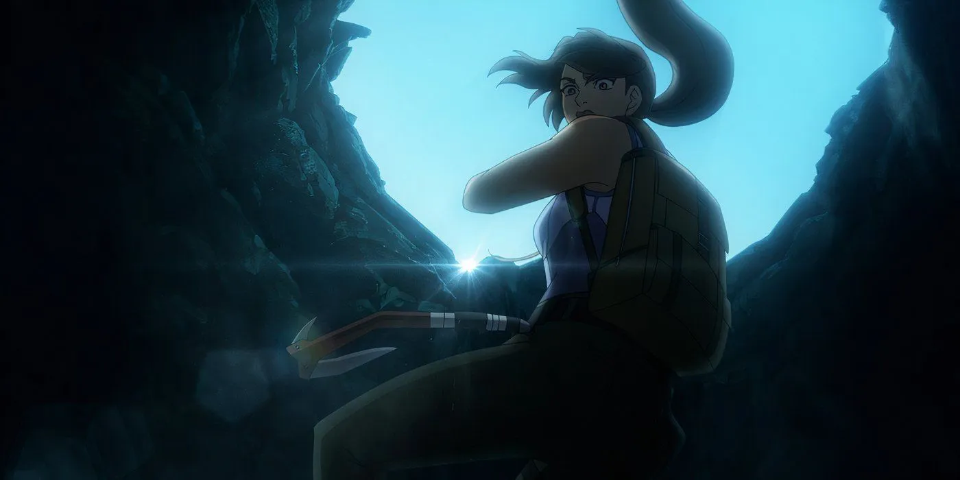 Lara Croft navigating a pit Lara Croft navigating a pit