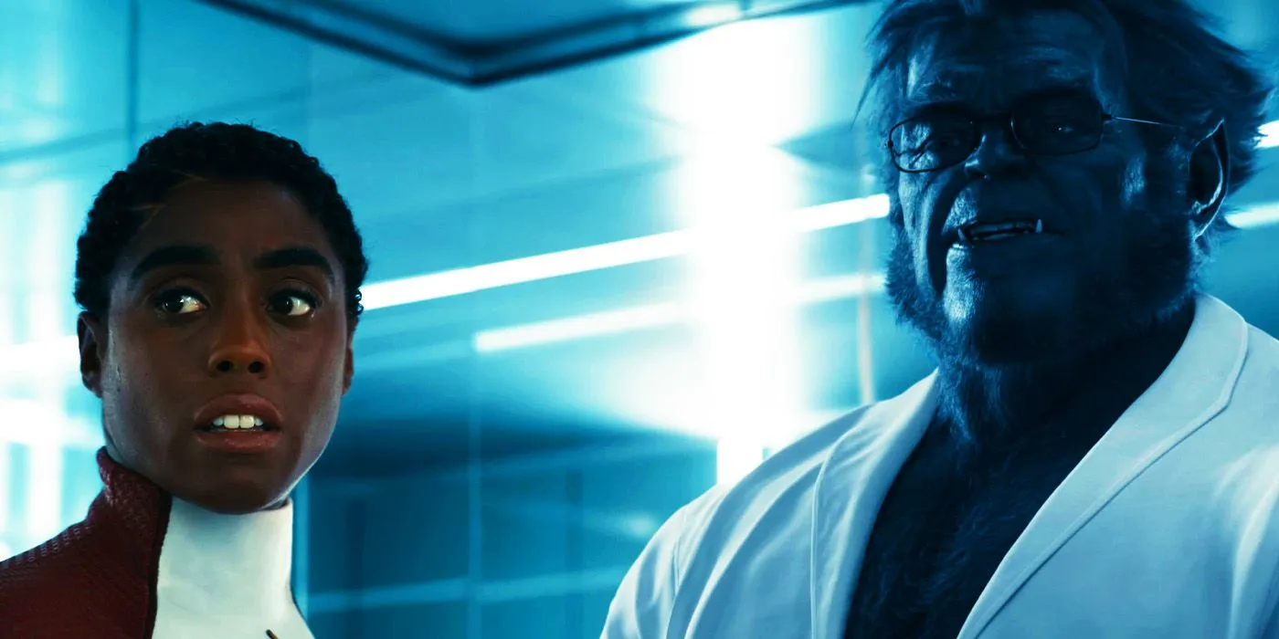 Lashana Lynch and Kelsey Grammer as Binary and Beast caring for Monica Rambeau in The Marvels