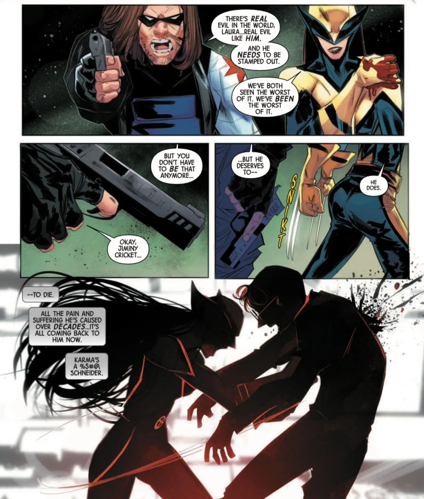 Laura Kinney stops Bucky from killing Schneider then kills him herself with her claws