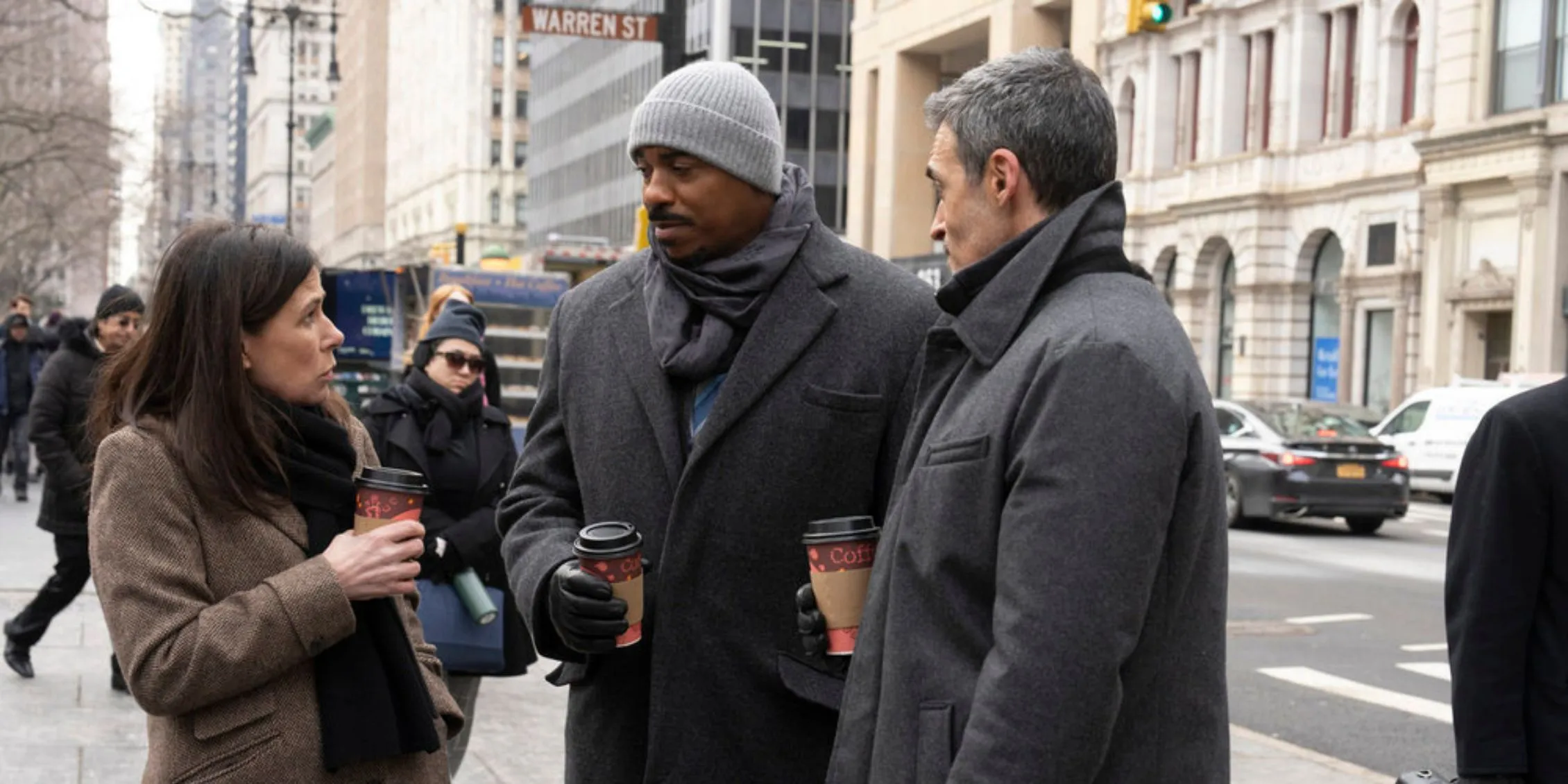 Law & Order Shaw has coffee with Reid and Brady outside the courthouse Law & Order Shaw has coffee with Reid and Brady outside the courthouse