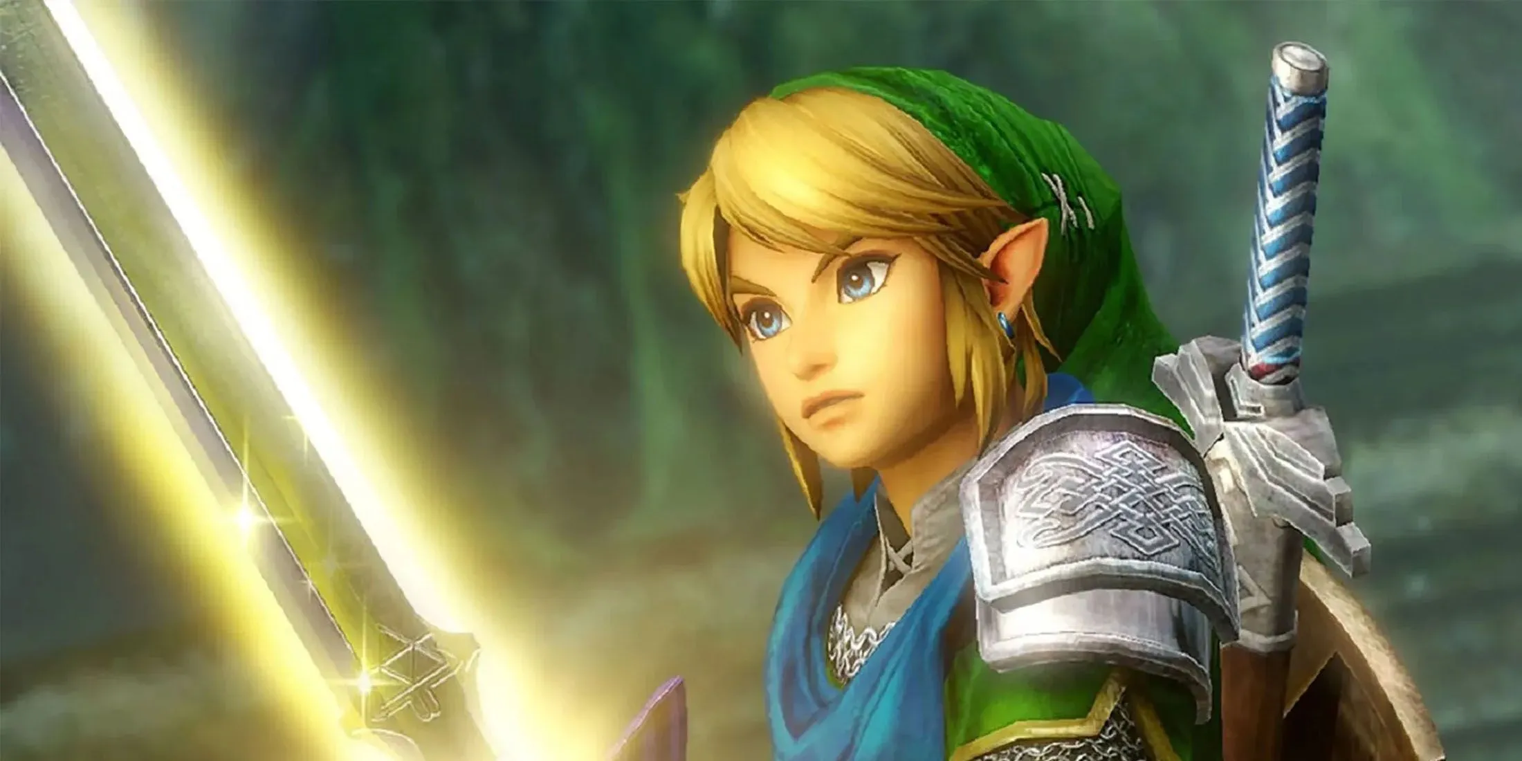 Link holding the Master Sword in the forest from The Legend of Zelda.