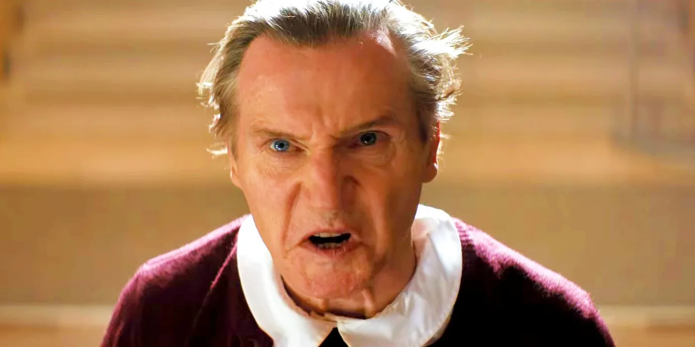 Liam Neeson as Frank Drebin Jr glaring while dressed as a schoolgirl in The Naked Gun 2025 Liam Neeson as Frank Drebin Jr glaring while dressed as a schoolgirl in The Naked Gun 2025