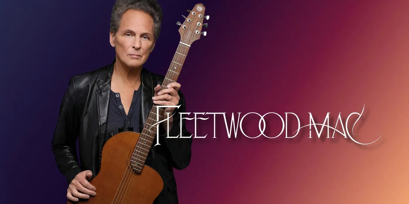 Guitarist Lindsey Buckingham alongside the Fleetwood Mac band logo