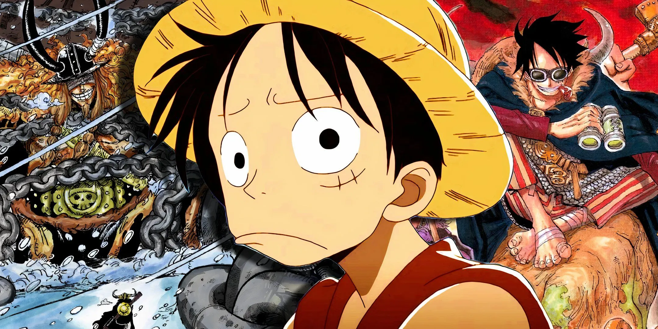 Luffy frowning with Loki from One Piece in the background and Luffy dressed as a Viking from a colored illustration
