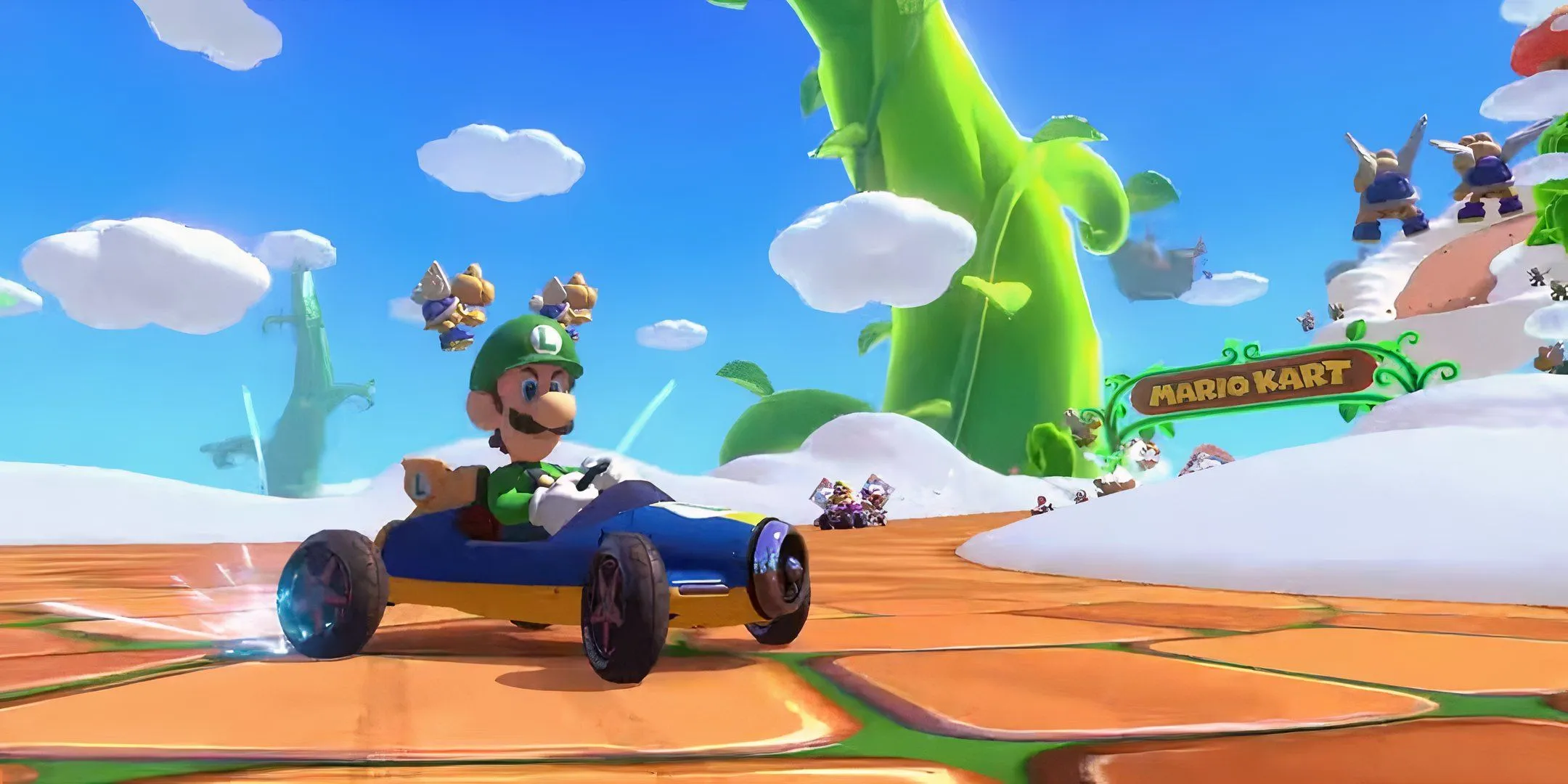 Luigi races across Sky Garden in Mario Kart 8 Deluxe, with Paratroopas flying above. Luigi races across Sky Garden in Mario Kart 8 Deluxe, with Paratroopas flying above.