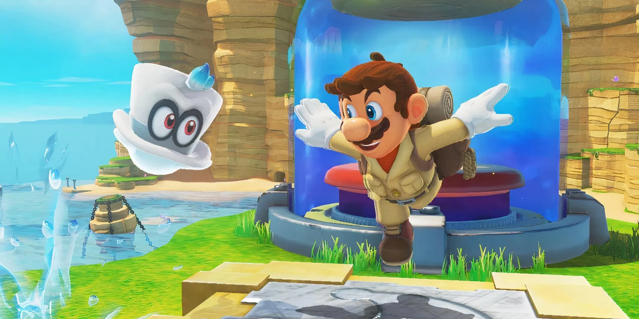 Mario and Cappy together in Super Mario Odyssey.