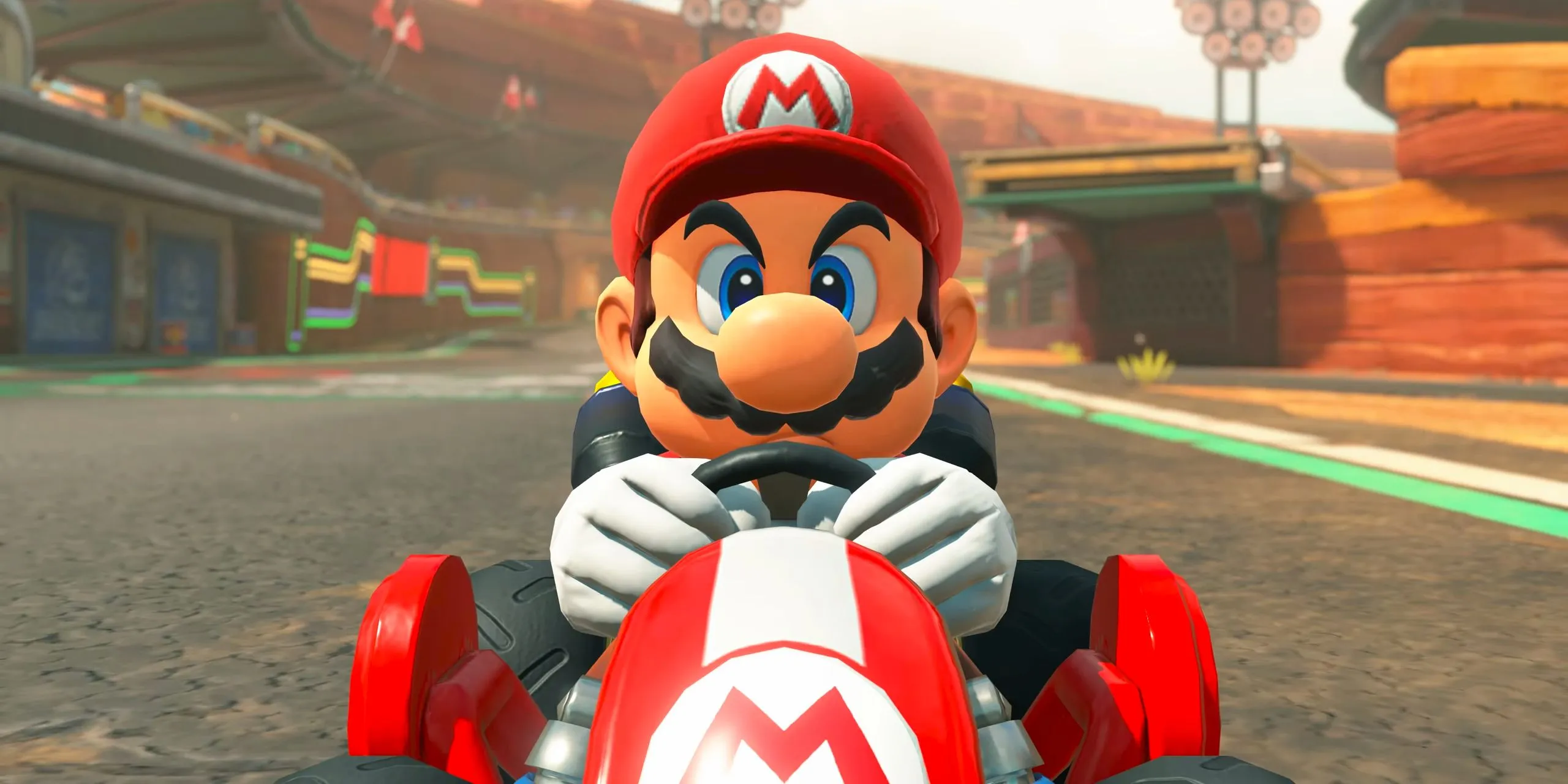 Mario on his kart in Mario Kart World Mario on his kart in Mario Kart World