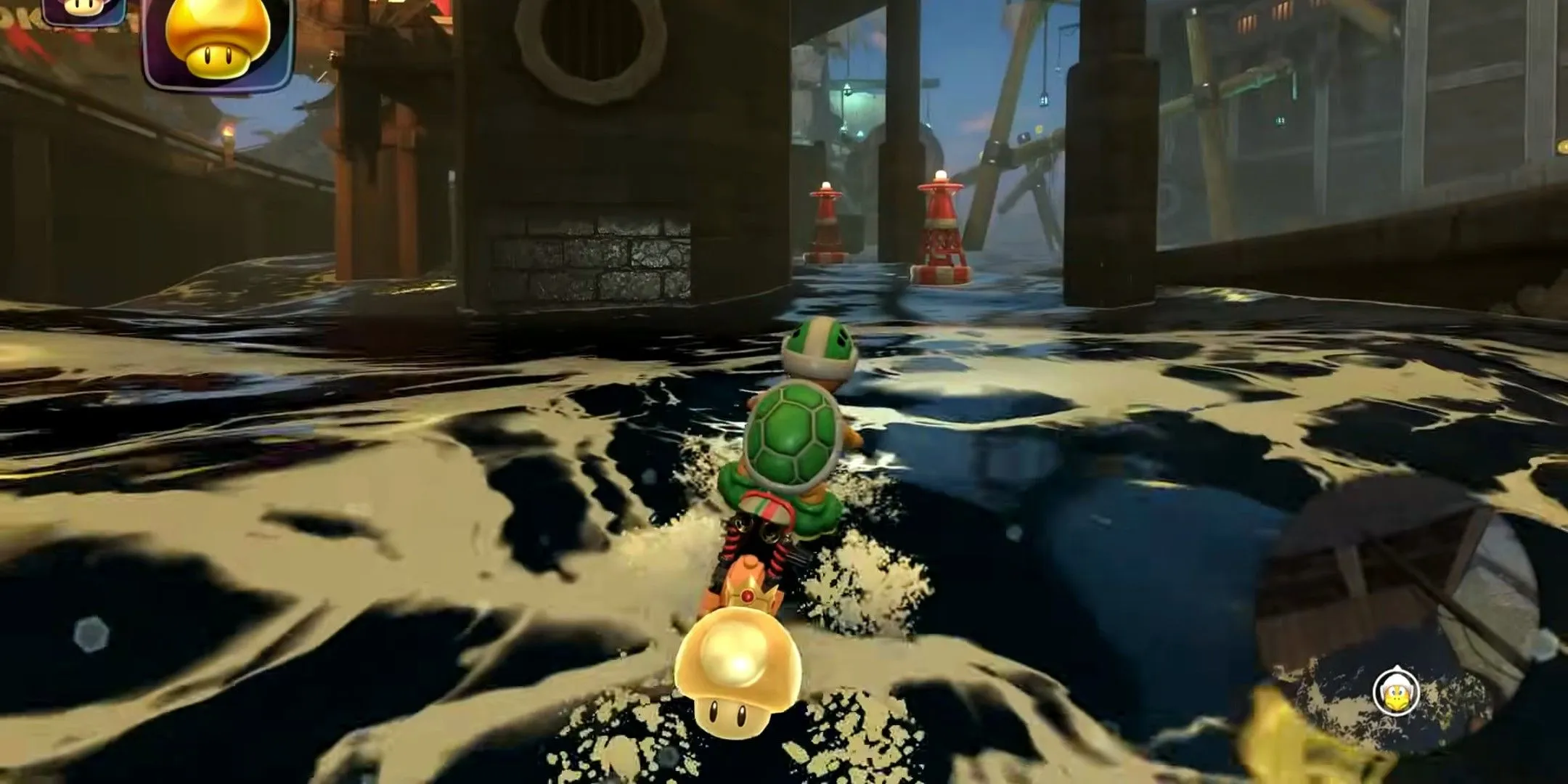 player driving through water with a golden mushroom player driving through water with a golden mushroom