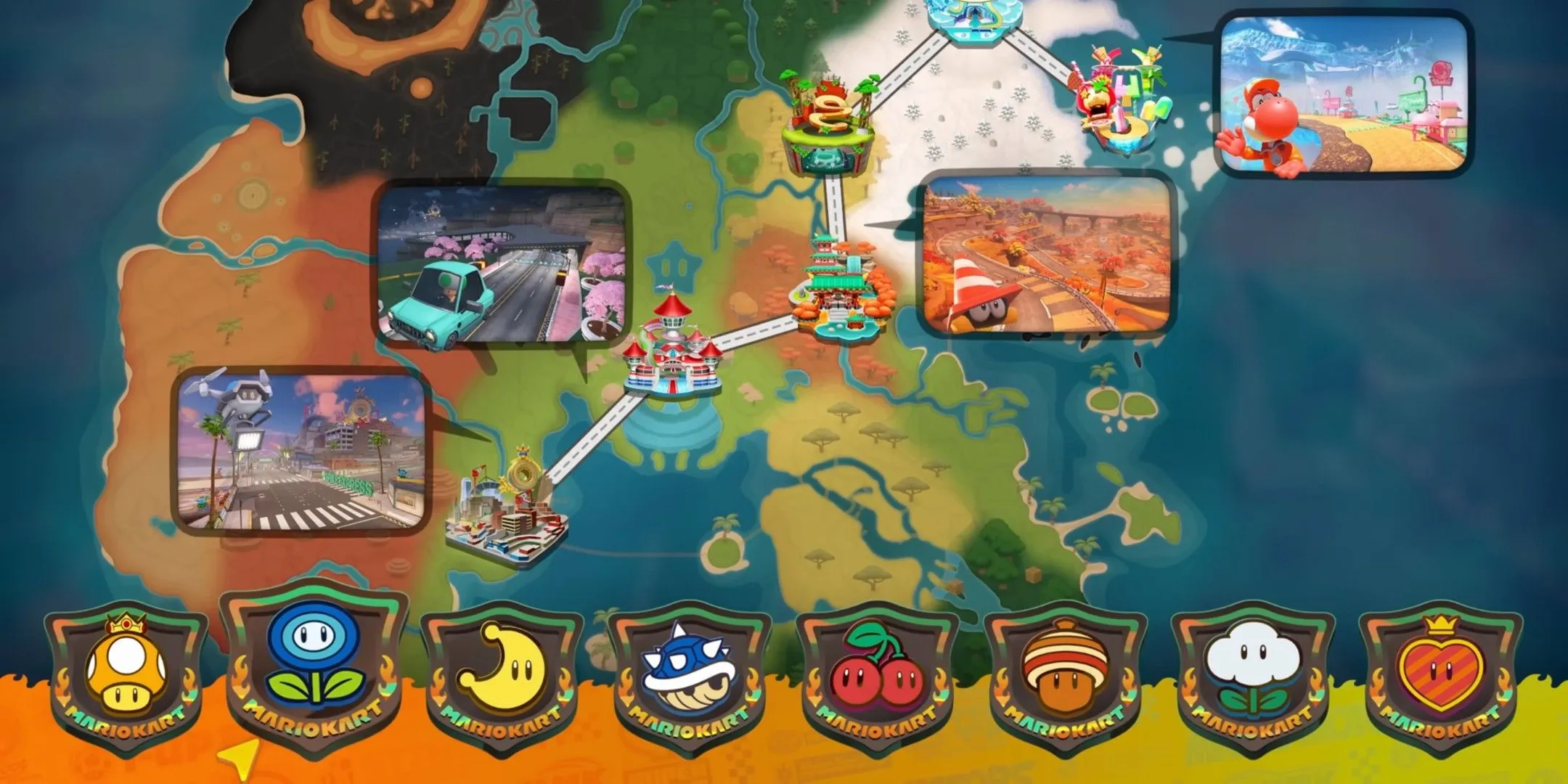 The Mario Kart World Knockout Tour map showcasing various tracks.