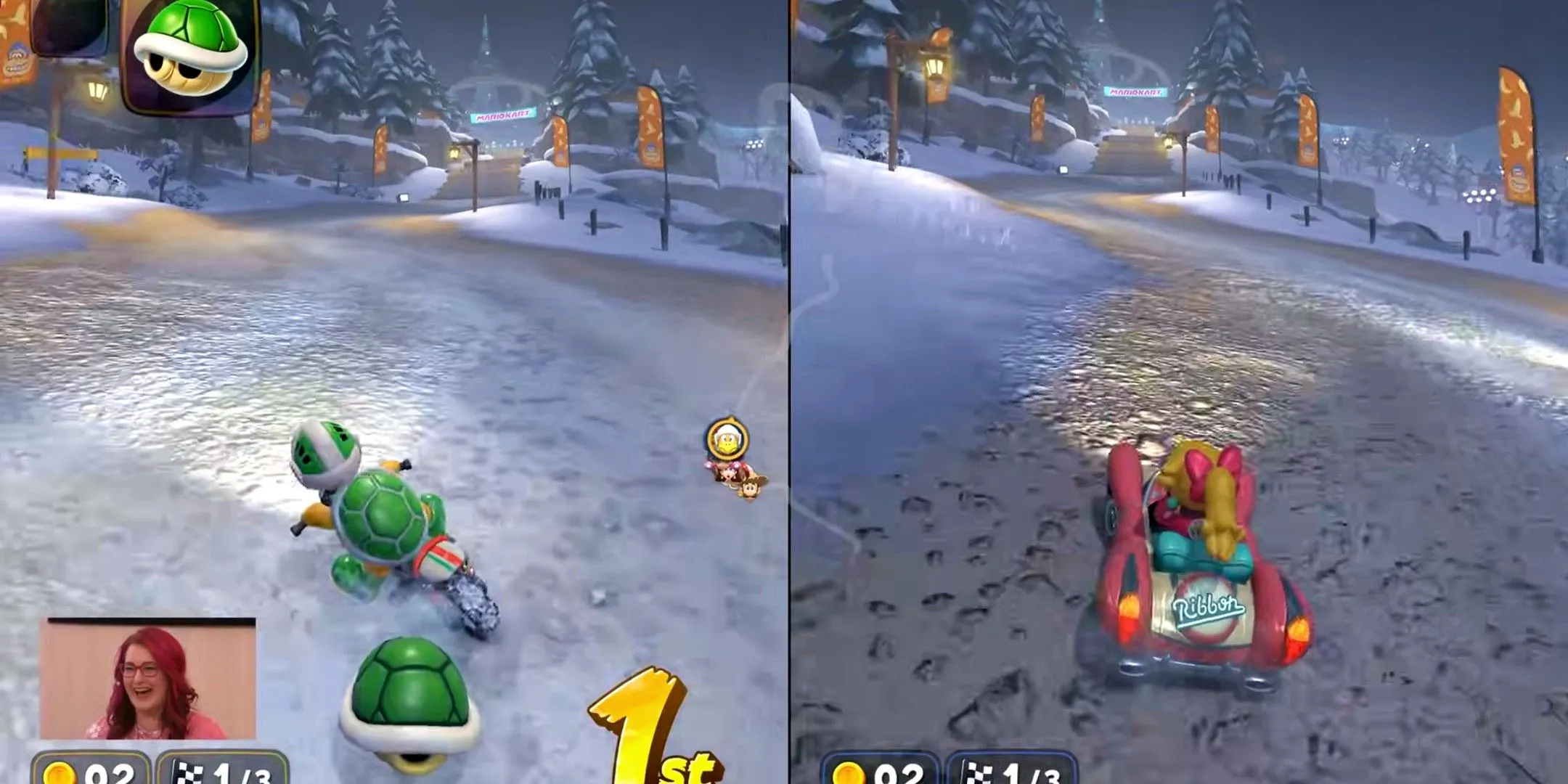 player with turtle shell behind player with turtle shell behind