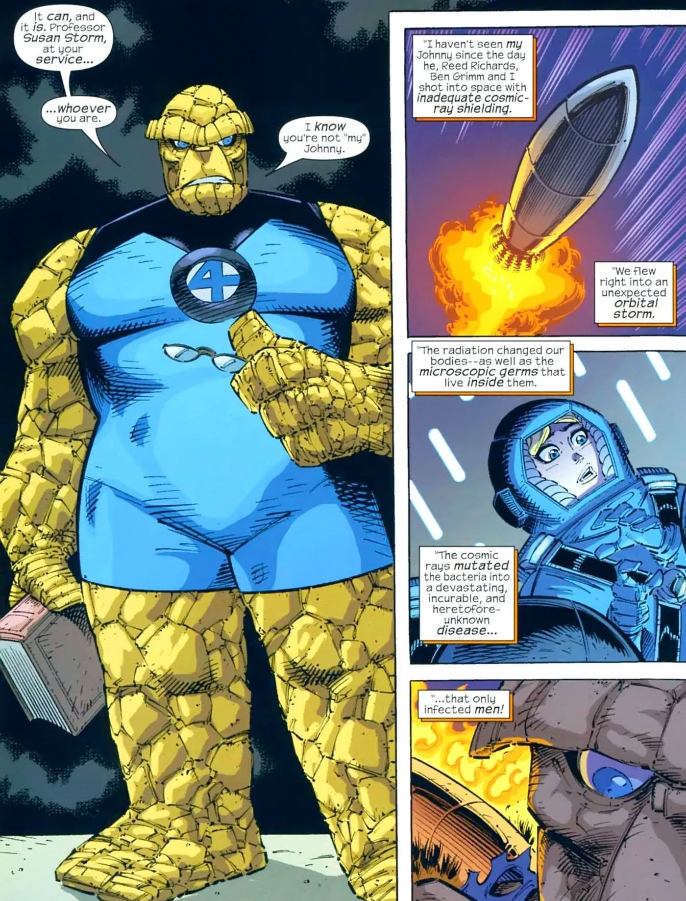Marvel Adventures Fantastic Four #25 Sue reveals that the cosmic rays spread a virus that killed all men in her world Marvel Adventures Fantastic Four #25 Sue reveals that the cosmic rays spread a virus that killed all men in her world