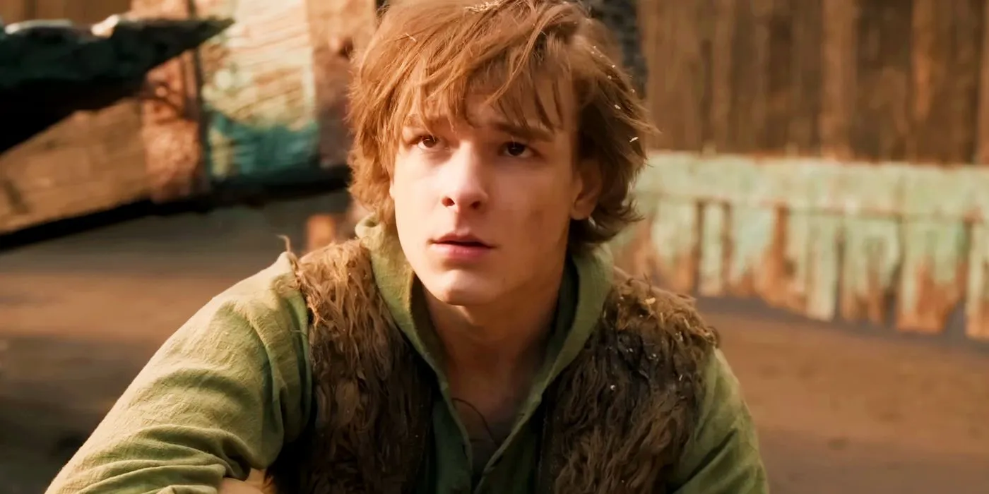 Mason Thames as Hiccup looking disheveled in How to Train Your Dragon 2025