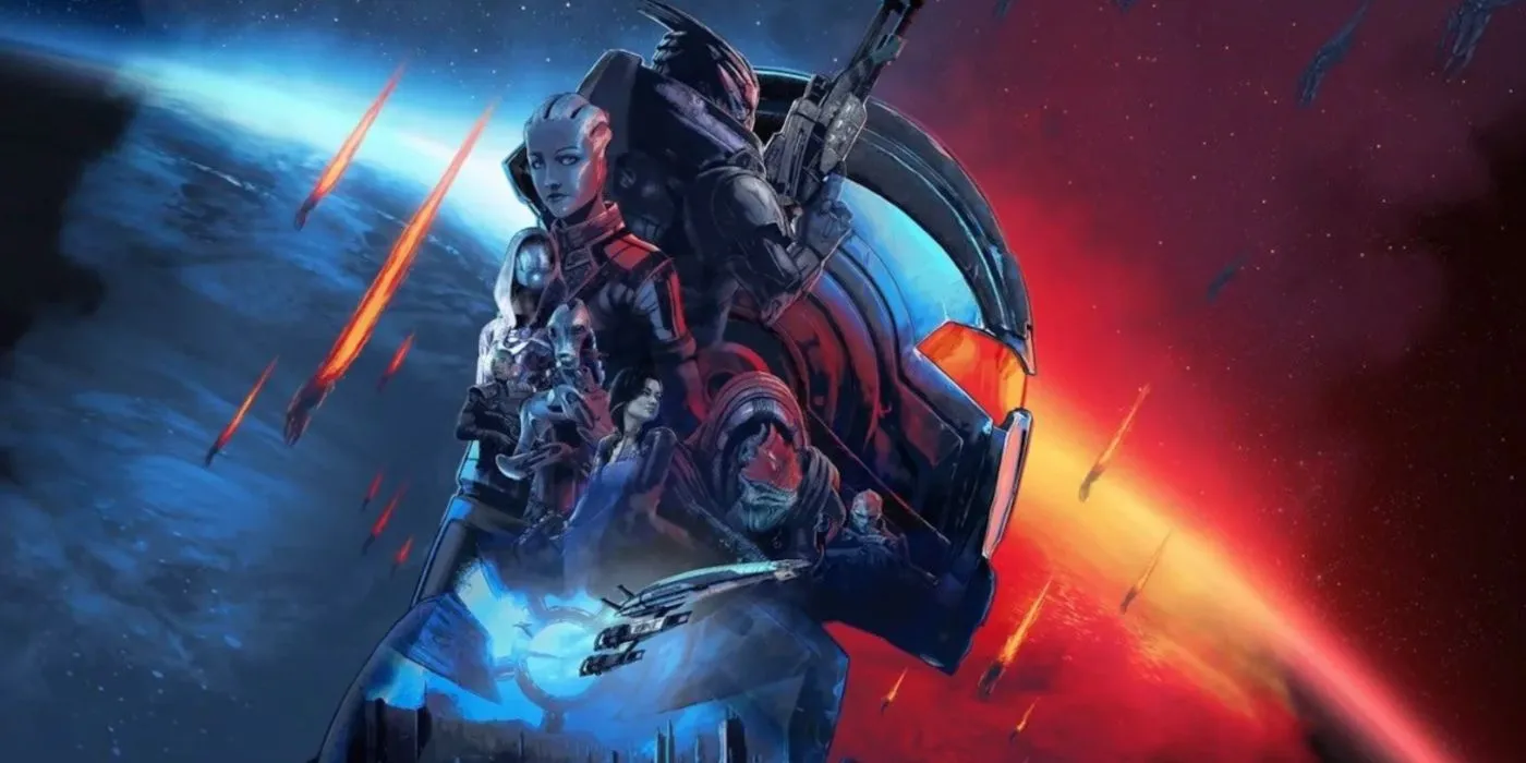 Mass Effect Legendary Edition promo art featuring a collage of the main cast in space. Mass Effect Legendary Edition promo art featuring a collage of the main cast in space.
