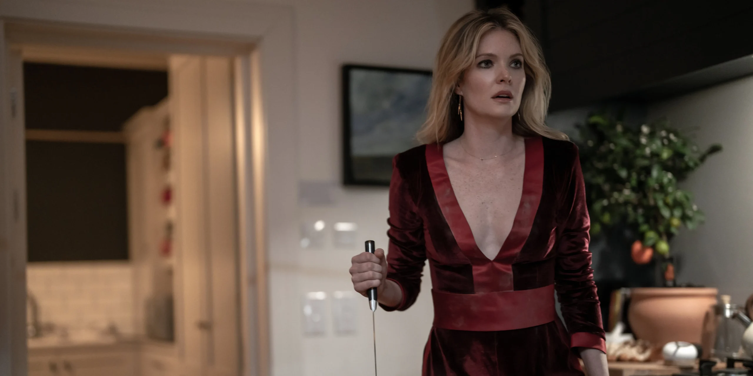 Meghann Fahy brandishes a knife in Drop Meghann Fahy brandishes a knife in Drop