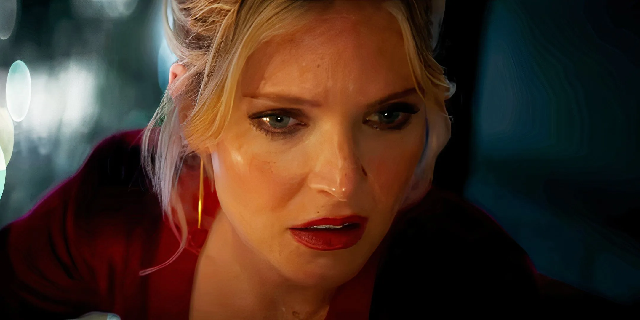 Meghann Fahy with a worried expression as Violet in Drop Meghann Fahy with a worried expression as Violet in Drop
