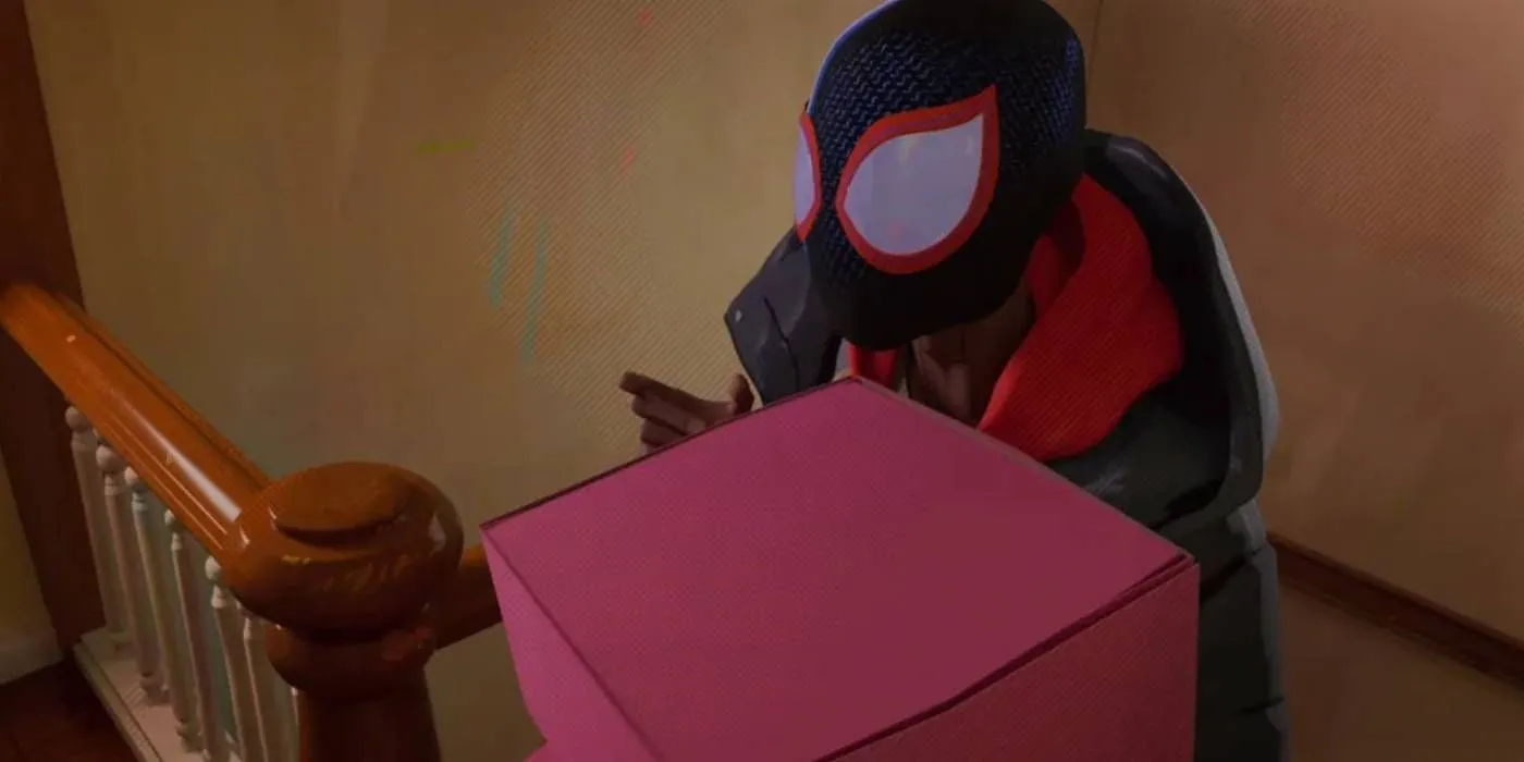 Miles Morales holding cake box in Spider-Man_ Across the Spider-Verse Miles Morales holding cake box in Spider-Man_ Across the Spider-Verse