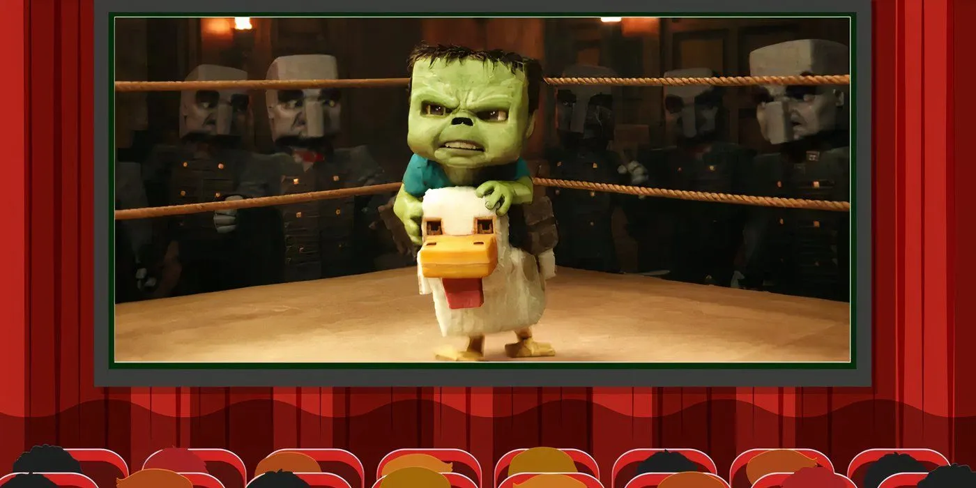 Illustration of a movie theater scene from A Minecraft Movie