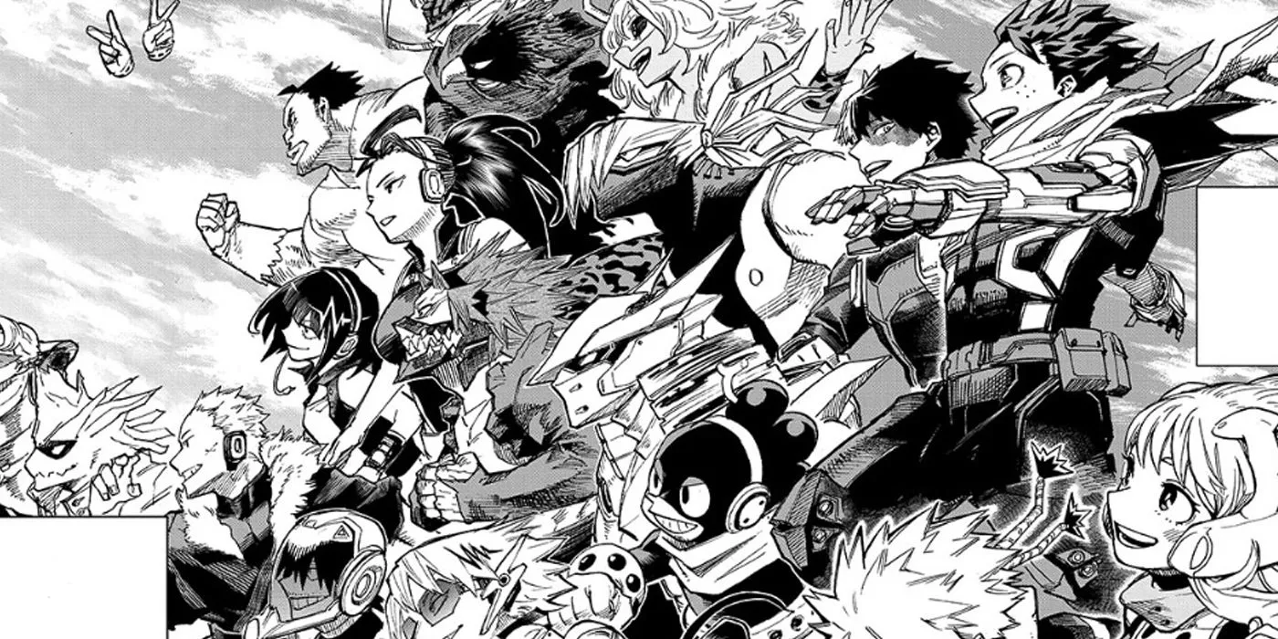 An image of My Hero Academia's Class 1-A all grown up from the manga finale.