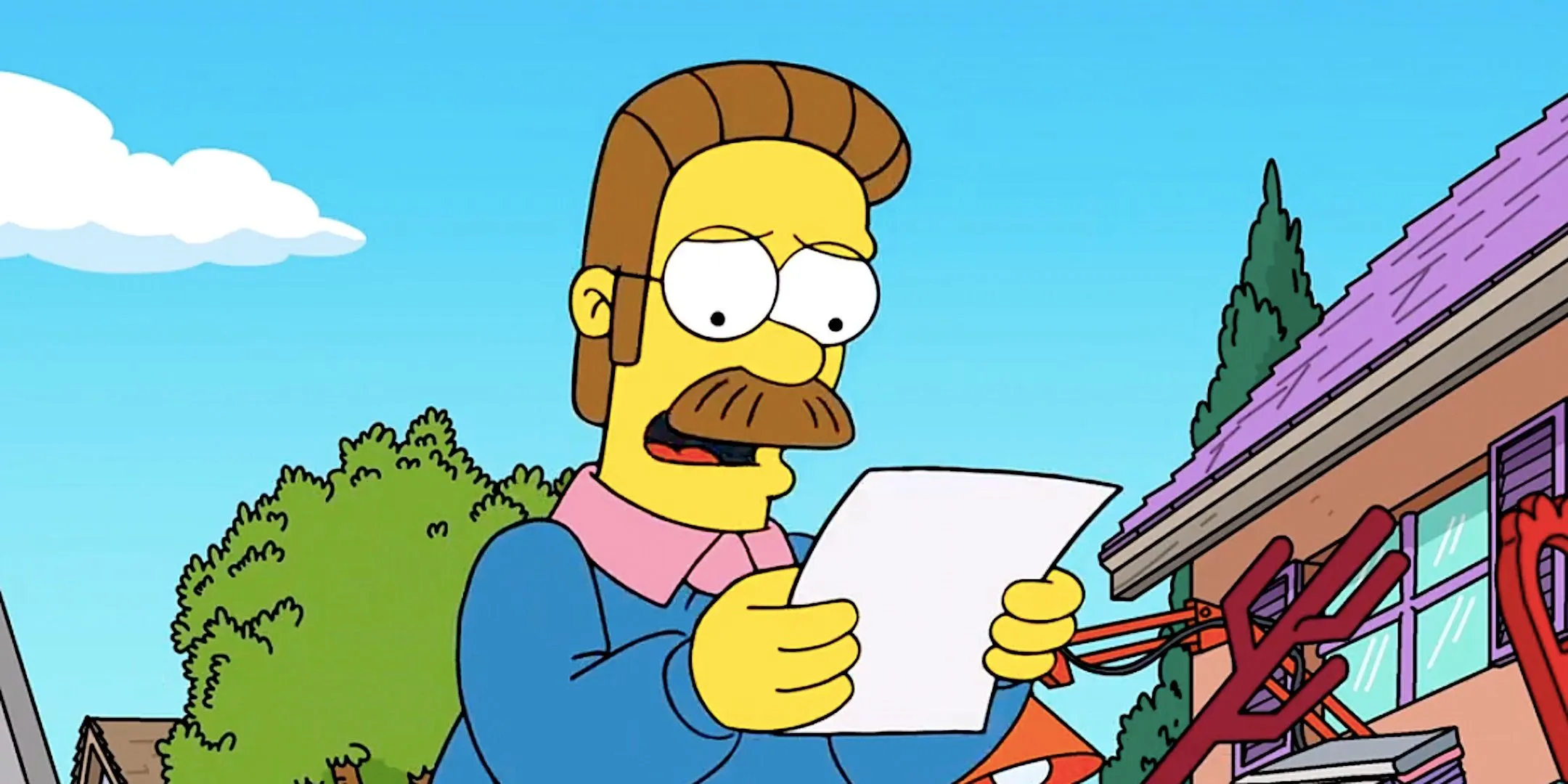 Ned Flanders reads a letter surrounded by junk Ned Flanders reads a letter surrounded by junk