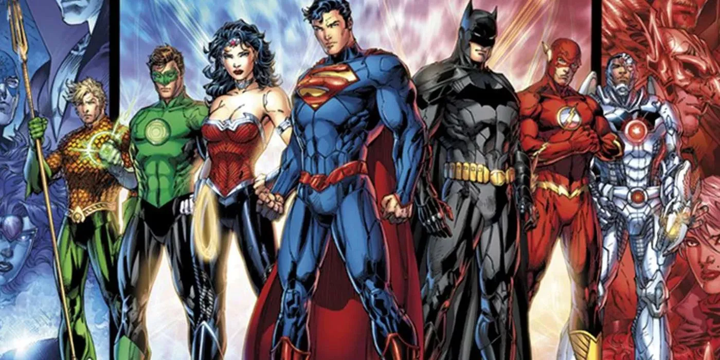 Comic book art: The New 52 line-up of the Justice League.