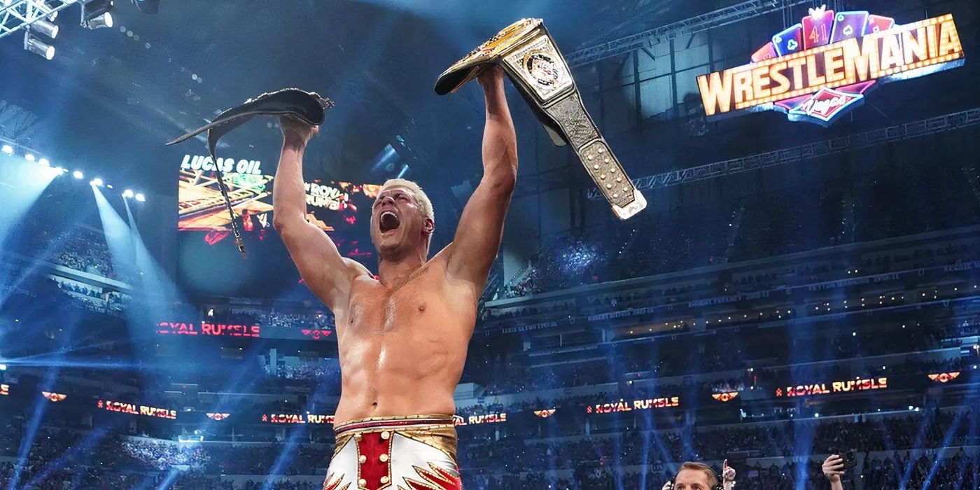 Cody Rhodes celebrates after defeating Kevin Owens in a Ladder Match at the 2025 Royal Rumble event. Cody Rhodes celebrates after defeating Kevin Owens in a Ladder Match at the 2025 Royal Rumble event.