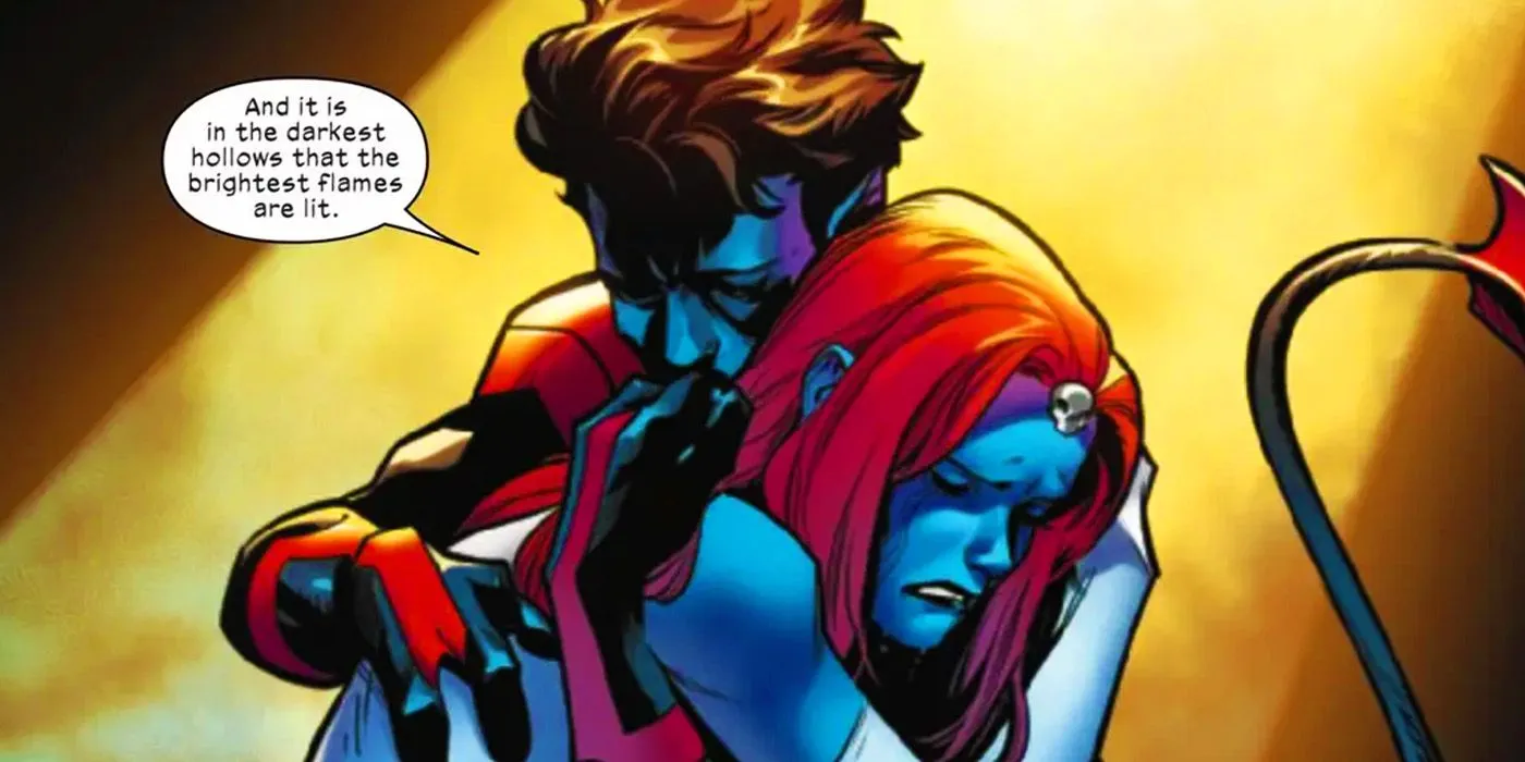 Nightcrawler hugging Mystique in X-Men Blue: Origins #1