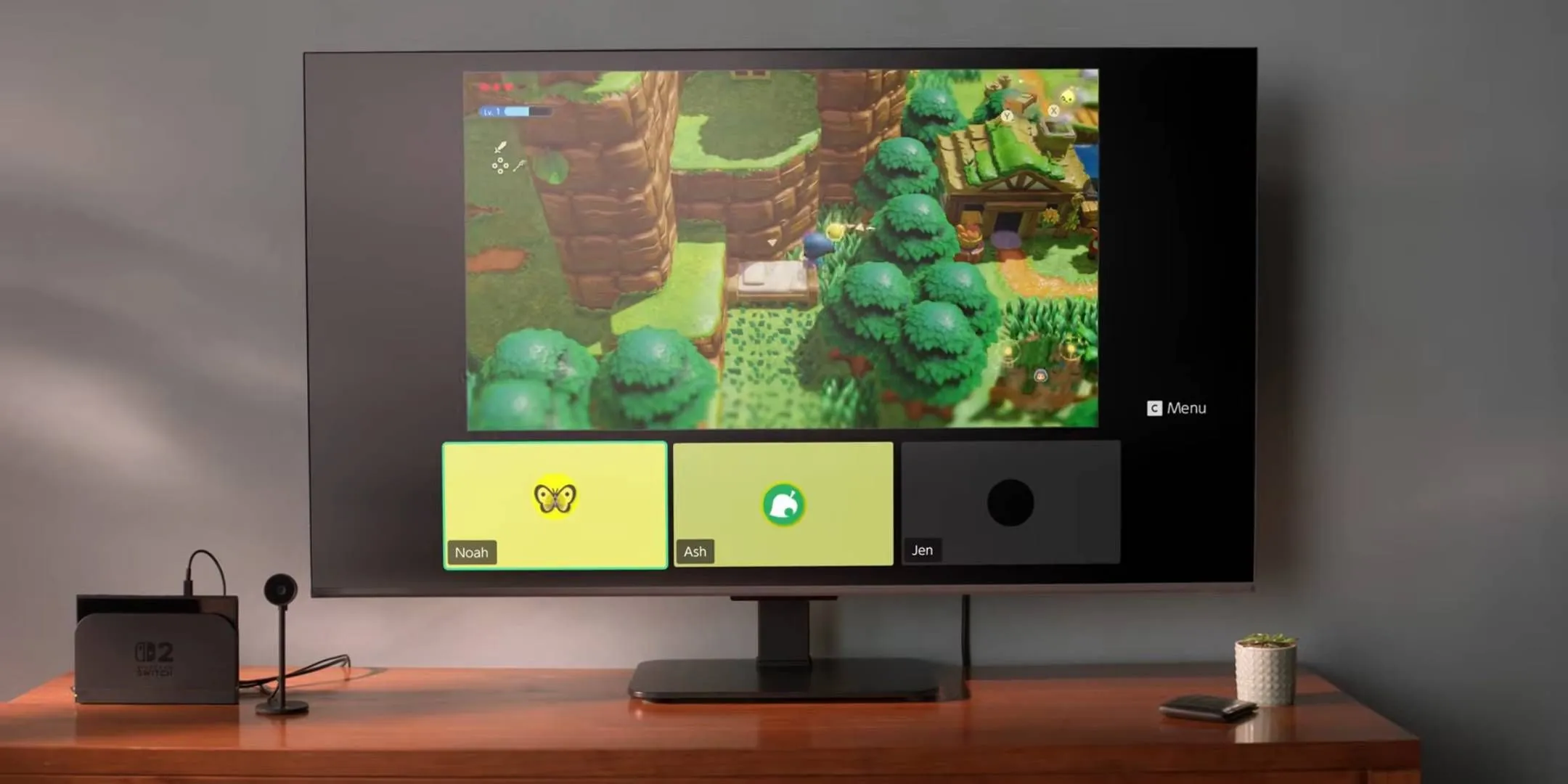 The Nintendo Switch 2 Game Chat function on a TV in the distance. The Nintendo Switch 2 Game Chat function on a TV in the distance.