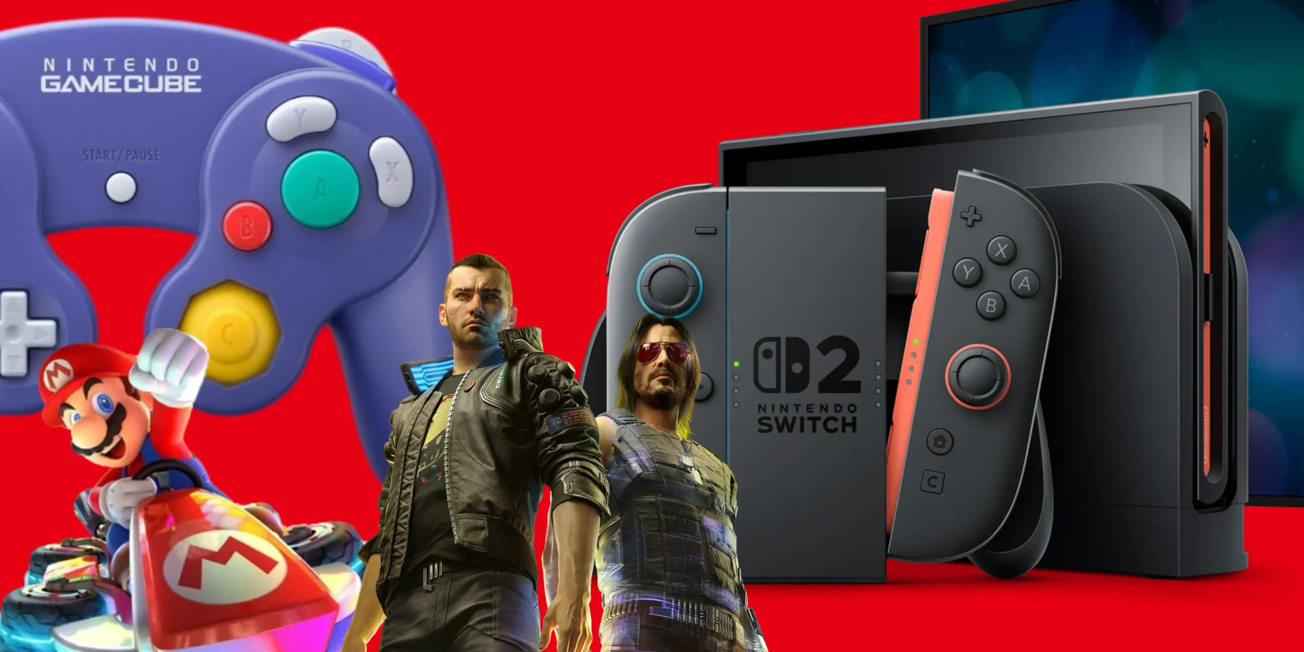 Nintendo Switch 2 showcasing characters from Cyberpunk and Mario. Nintendo Switch 2 showcasing characters from Cyberpunk and Mario.