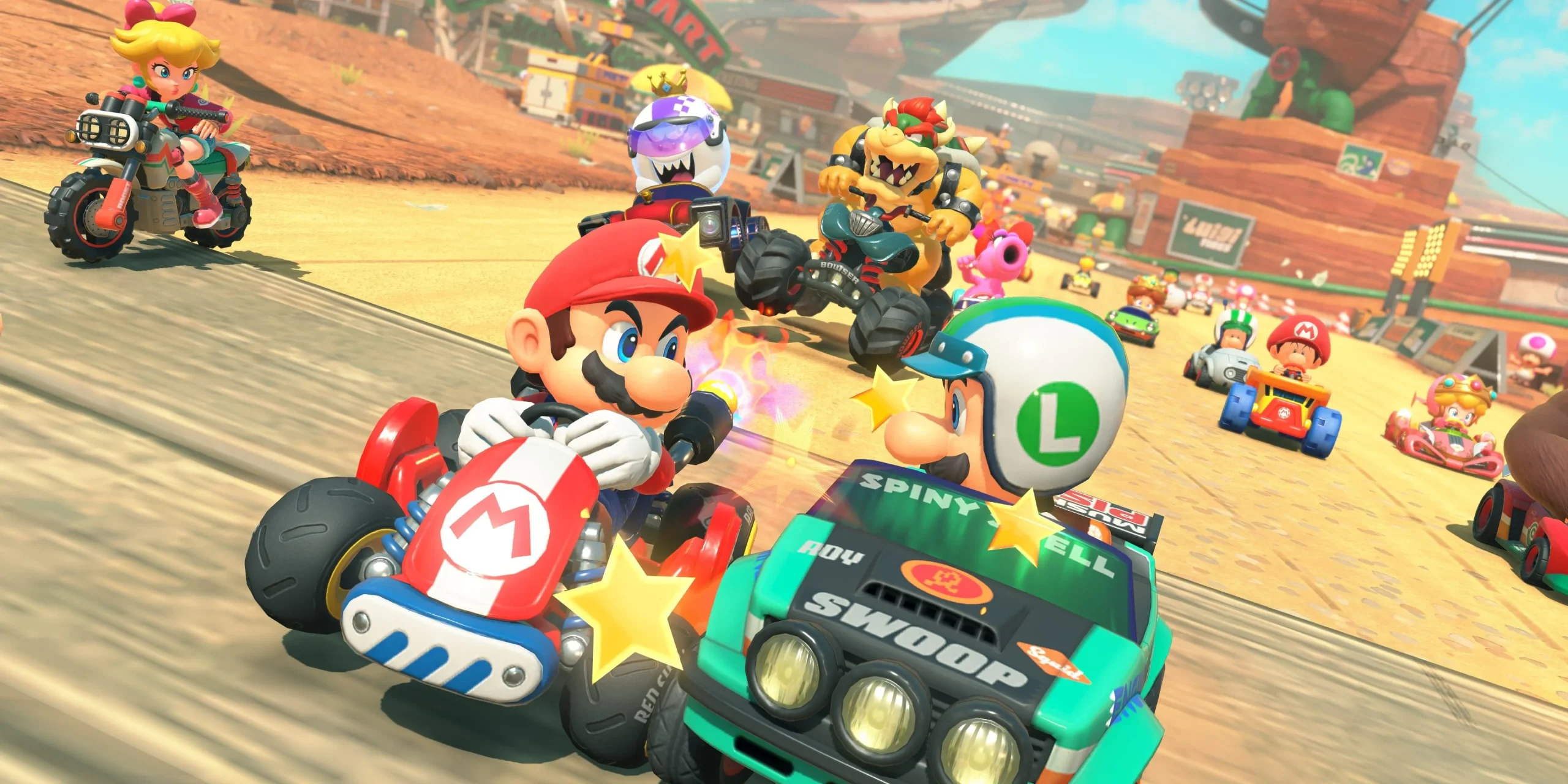 Mario colliding with Luigi while driving in Mario Kart World. Mario colliding with Luigi while driving in Mario Kart World.