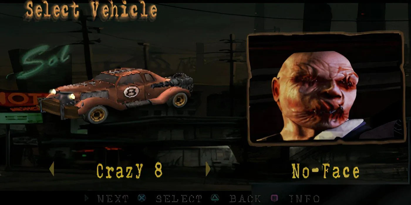 No-Face from Twisted Metal Black alongside his car Crazy 8