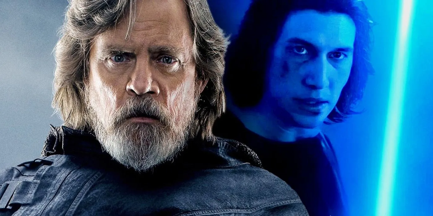 Old Luke Skywalker and Kylo Ren with a blue lightsaber
