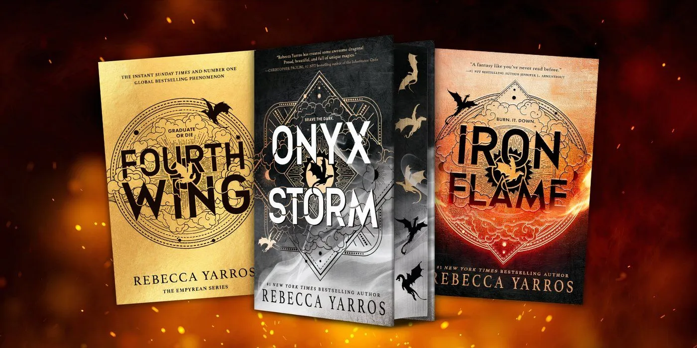 The Empyrean Series book covers against a fiery backdrop The Empyrean Series book covers against a fiery backdrop