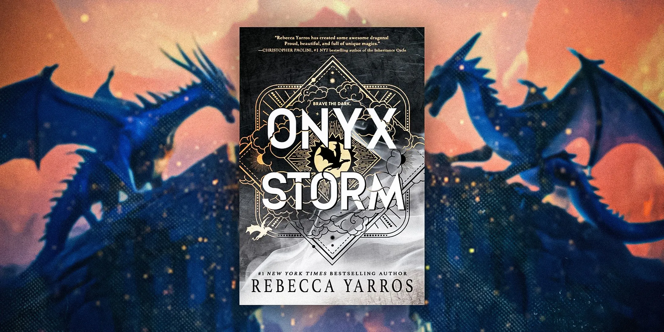 Onyx Storm cover with blue dragons and pink sky