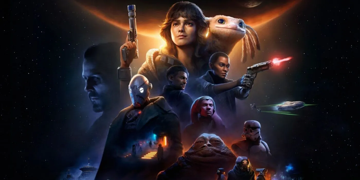The key art for Star Wars Outlaws featuring Kay, Nix, ND-5, and the rest of the cast.