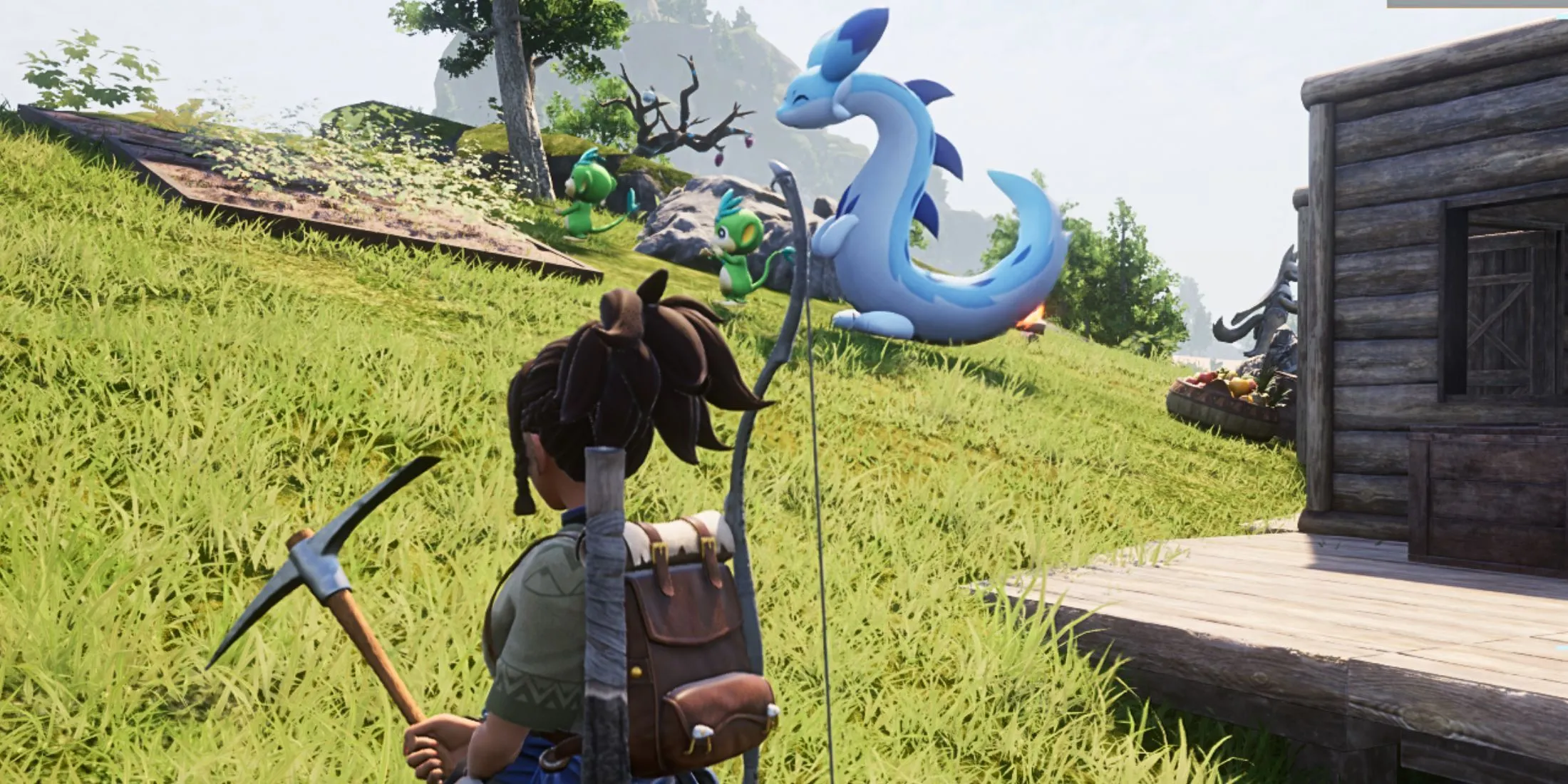 A character in Palworld is observing Pals tending a garden. A character in Palworld is observing Pals tending a garden.