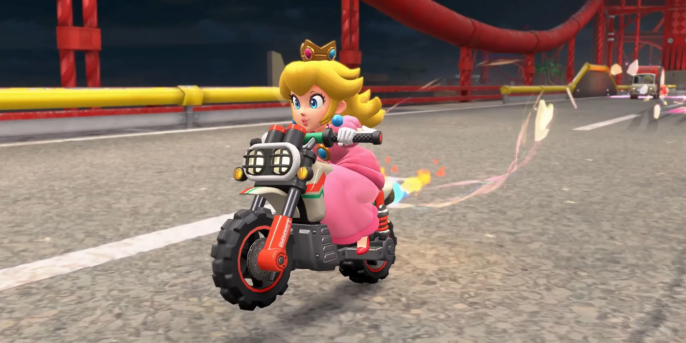 Peach Riding in Mario Kart World Peach Riding in Mario Kart World