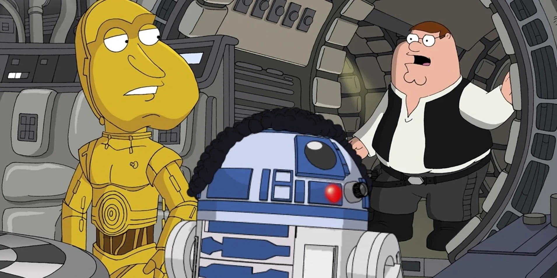 Peter as Han talks to Quagmire and Cleveland as C-3PO and R2-D2 in Family Guy Peter as Han talks to Quagmire and Cleveland as C-3PO and R2-D2 in Family Guy