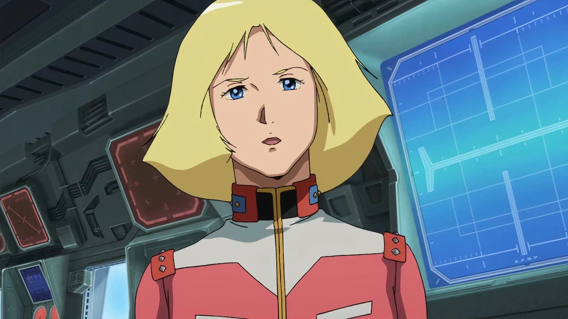 Sayla Mass from Gundam in front of a screen
