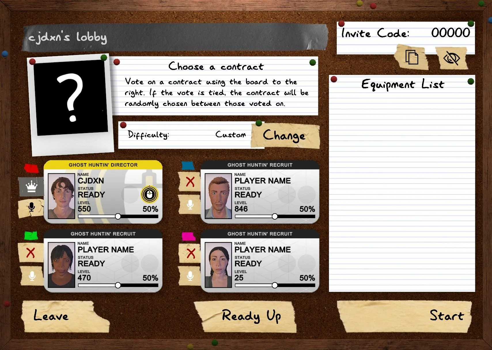 Image from Phasmophobia showing the corkboard multiplayer menu Image from Phasmophobia showing the corkboard multiplayer menu