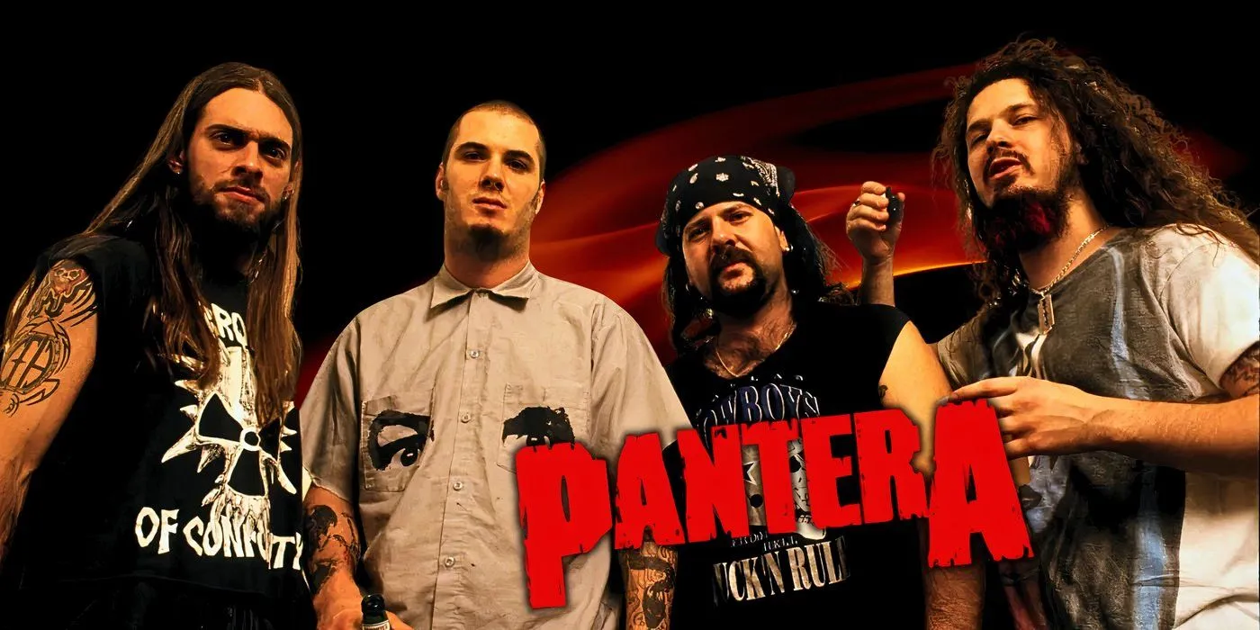 The band Pantera alongside their logo The band Pantera alongside their logo