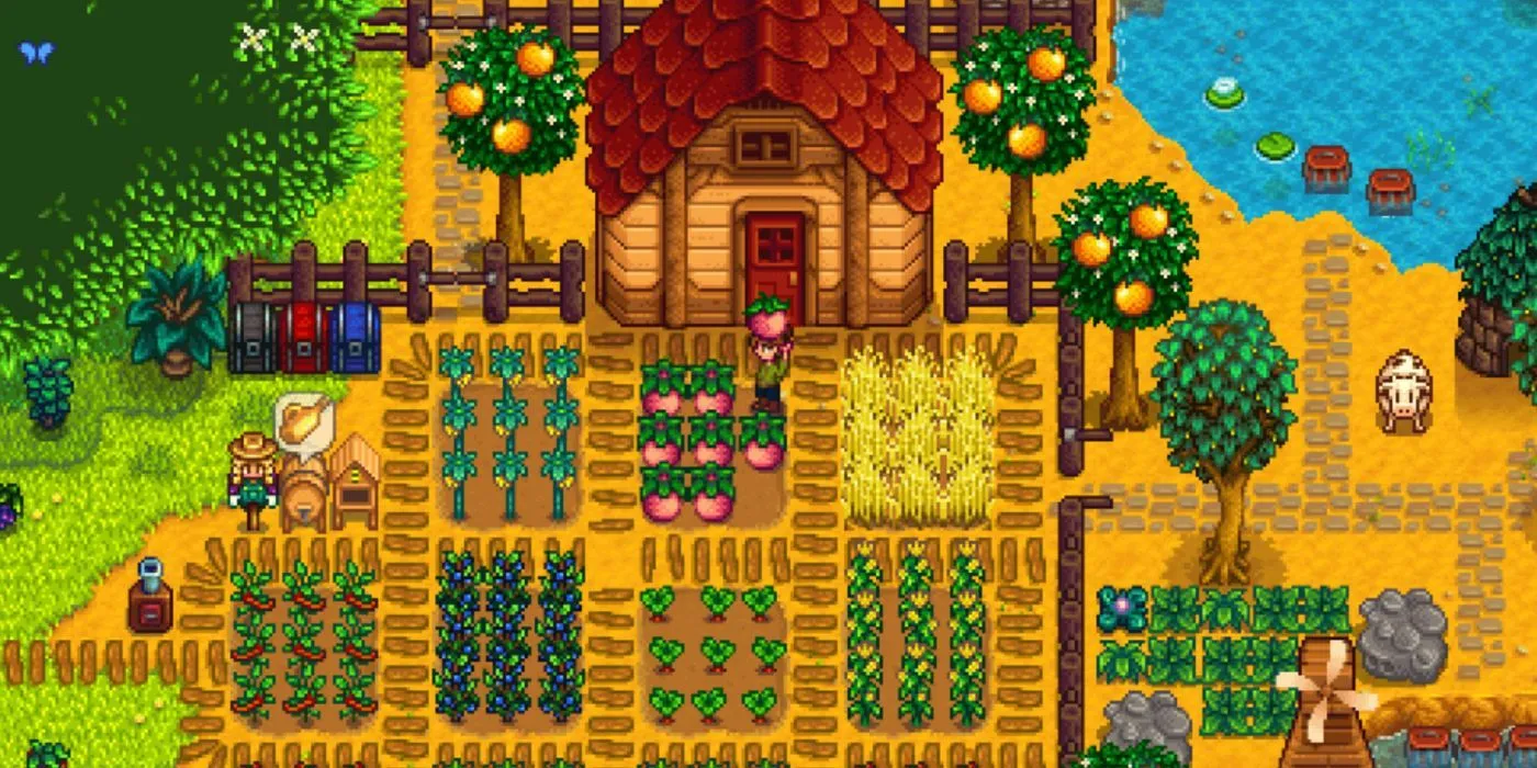 A Stardew Valley player with a melon on their flourishing farm