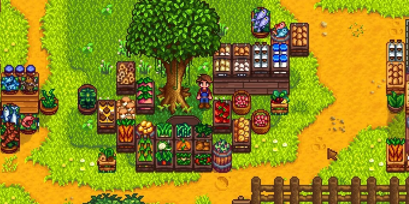 A Stardew Valley player tending their stall under a tree in the Farmer's market mod