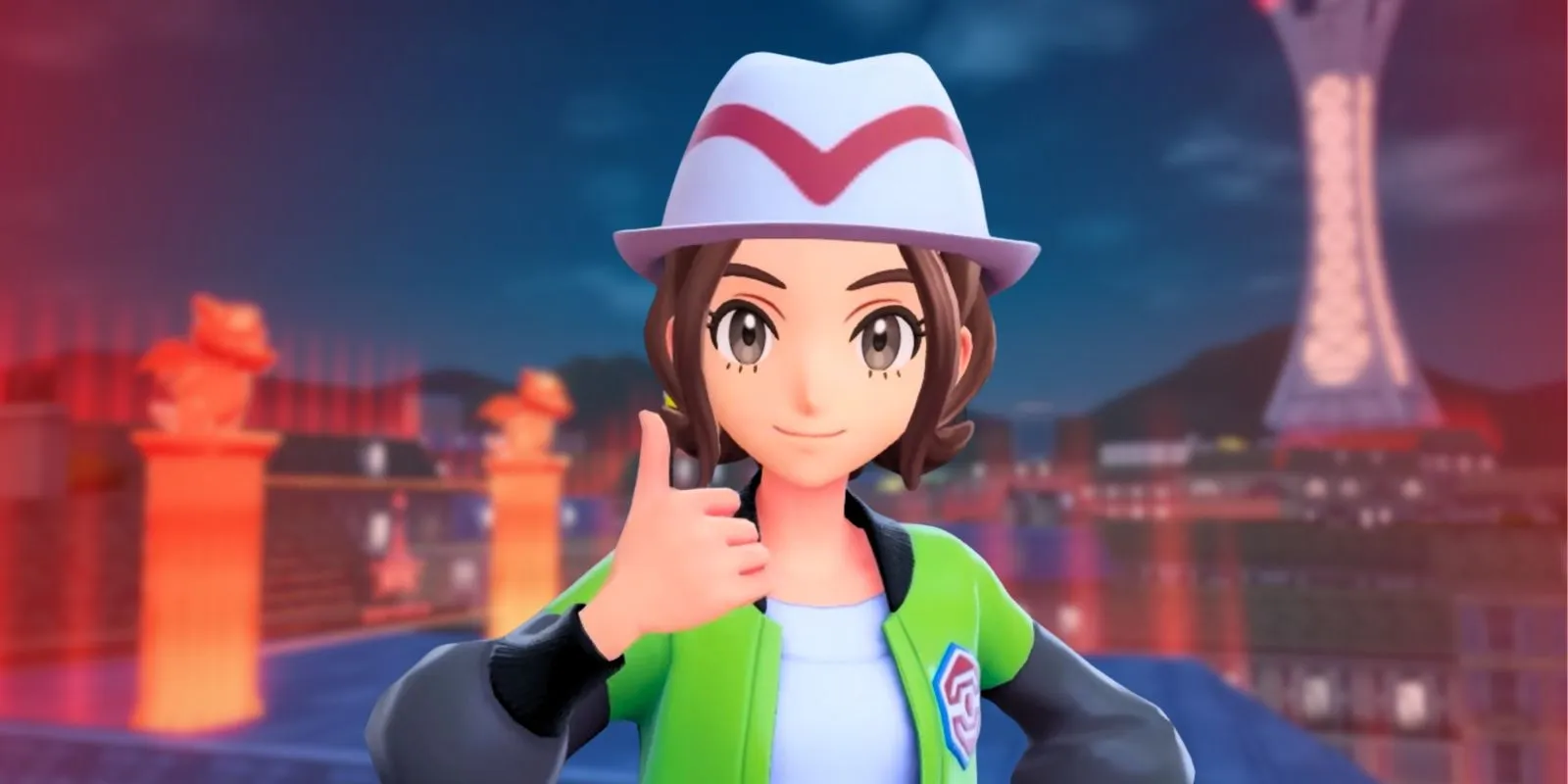 Player in Lumiose City background, thumbs up