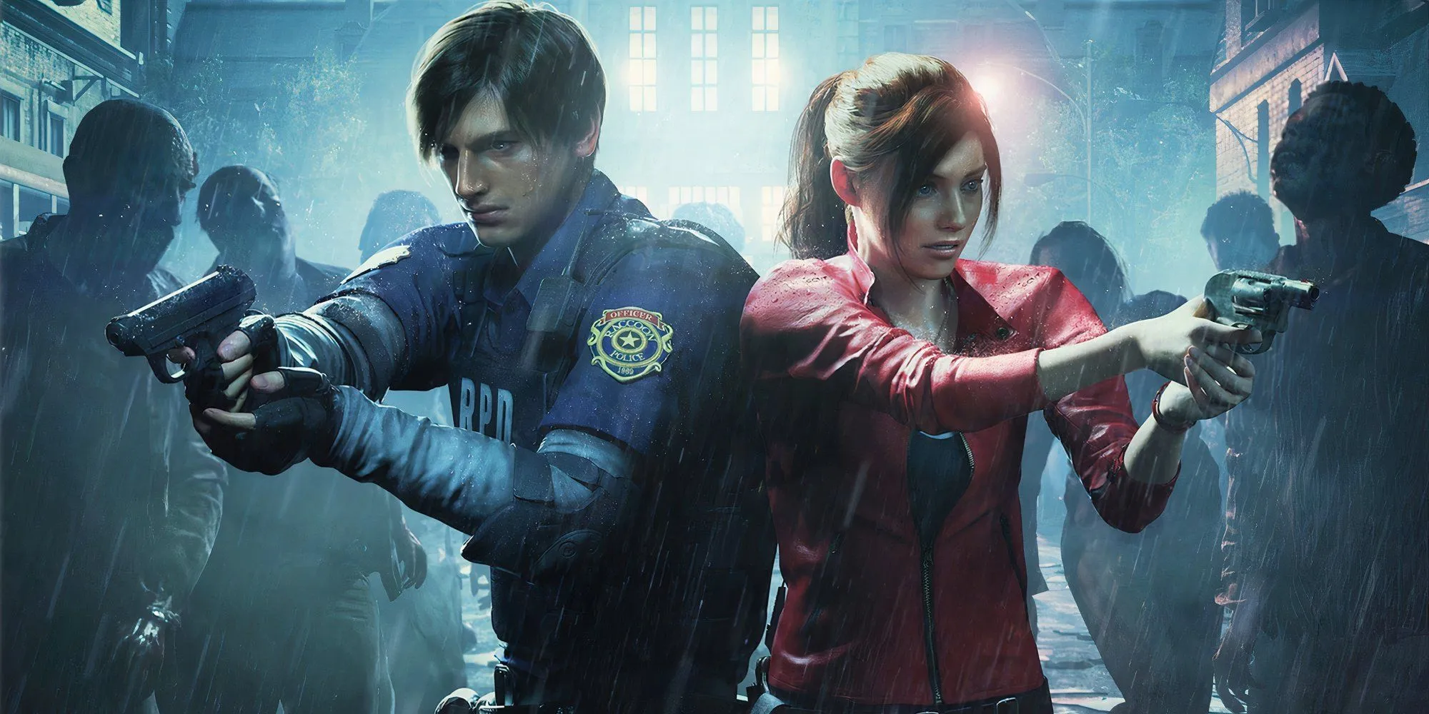 Promo art featuring Leon and Claire facing zombies in Resident Evil 2 Remake Promo art featuring Leon and Claire facing zombies in Resident Evil 2 Remake