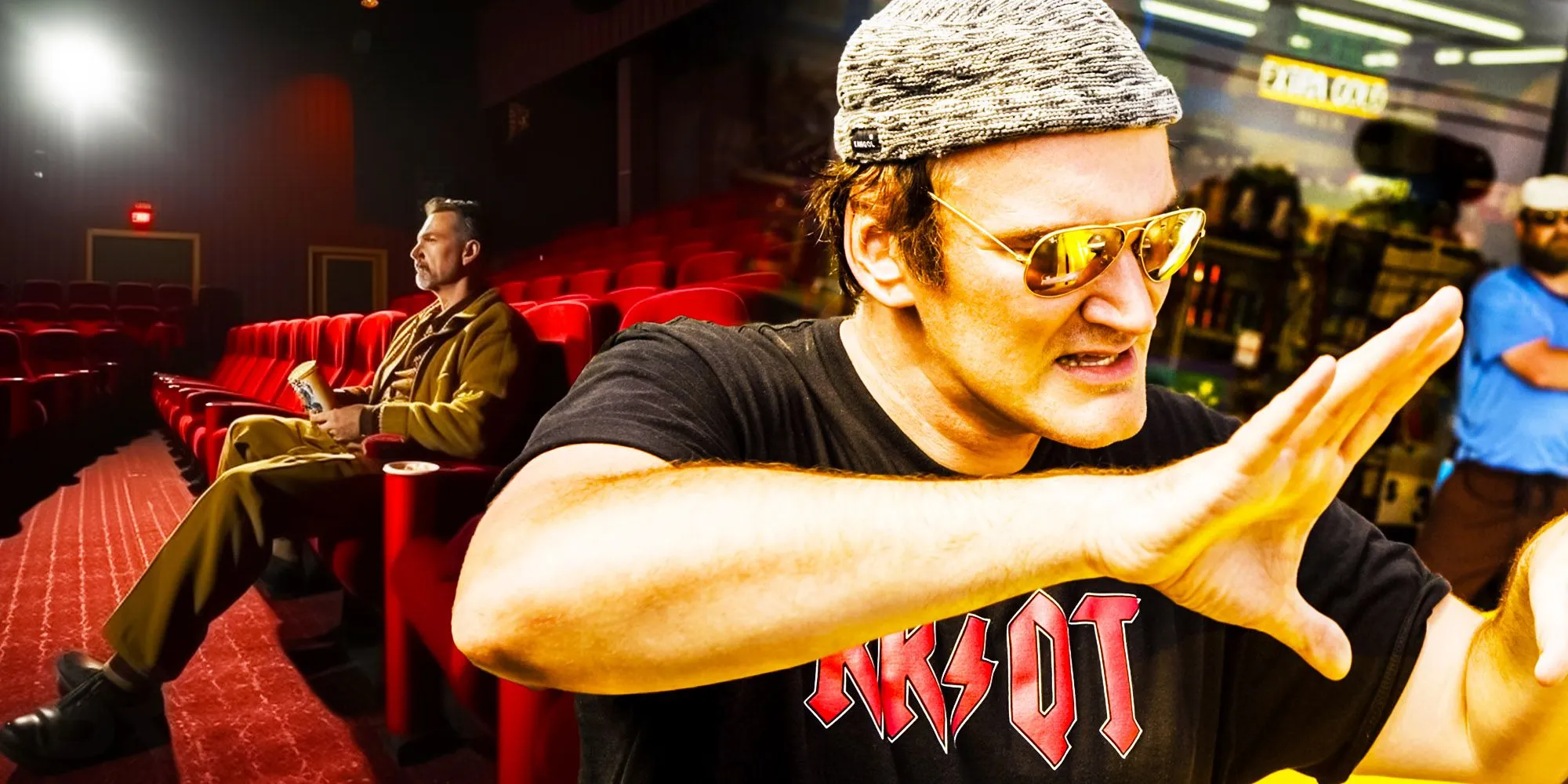 A composite image of Quentin Tarantino directing over a man watching a movie in a theater