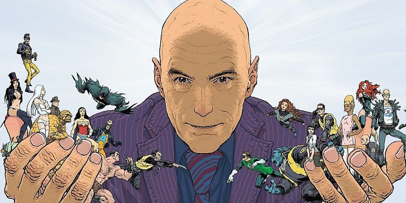 Featured Image: Frank Quitely portrait of Grant Morrison holding DC & Marvel Comics characters in their hands Featured Image: Frank Quitely portrait of Grant Morrison holding DC & Marvel Comics characters in their hands